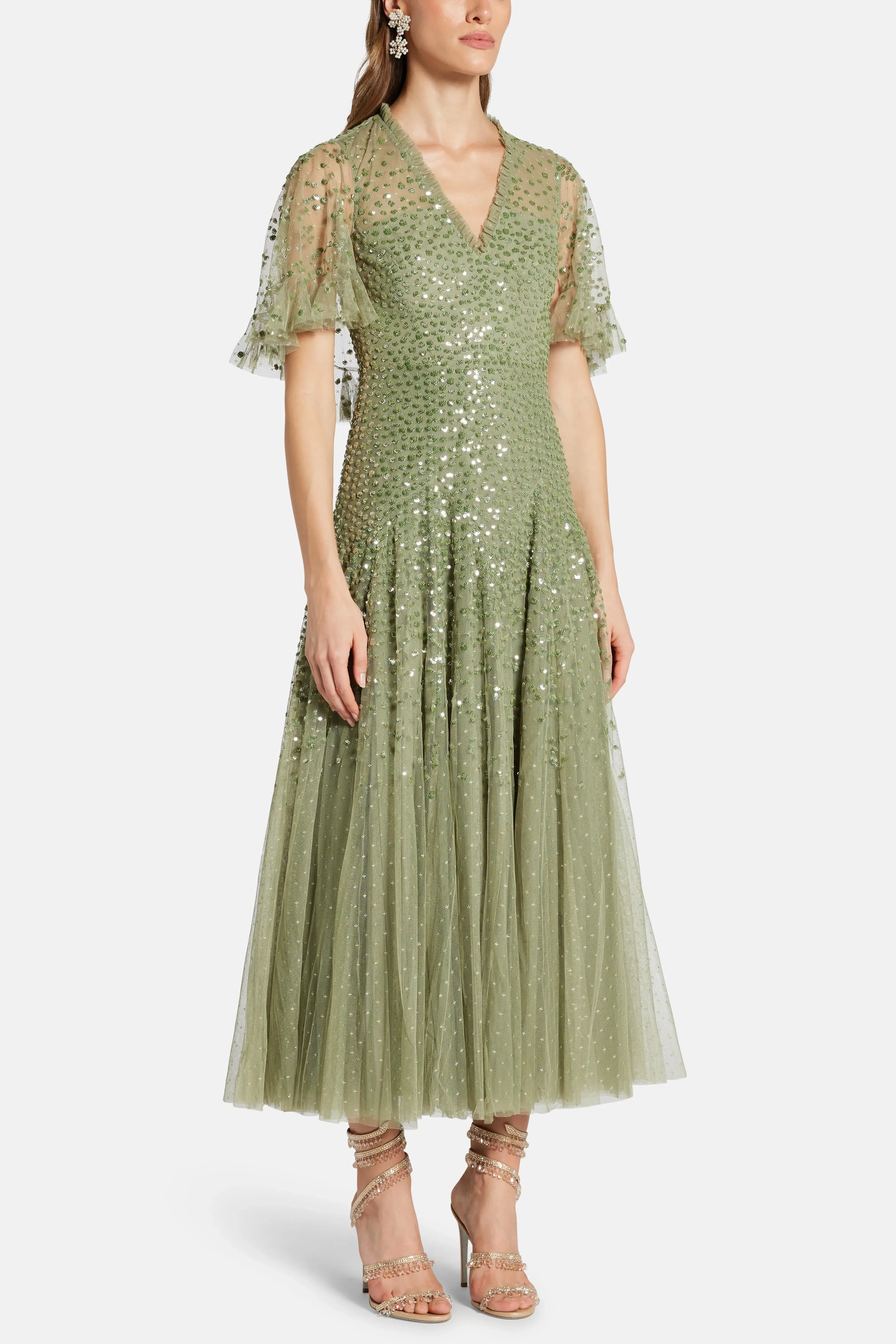 Needle & Thread Dappled V Neck Sequin Cape Evening Dress in Green