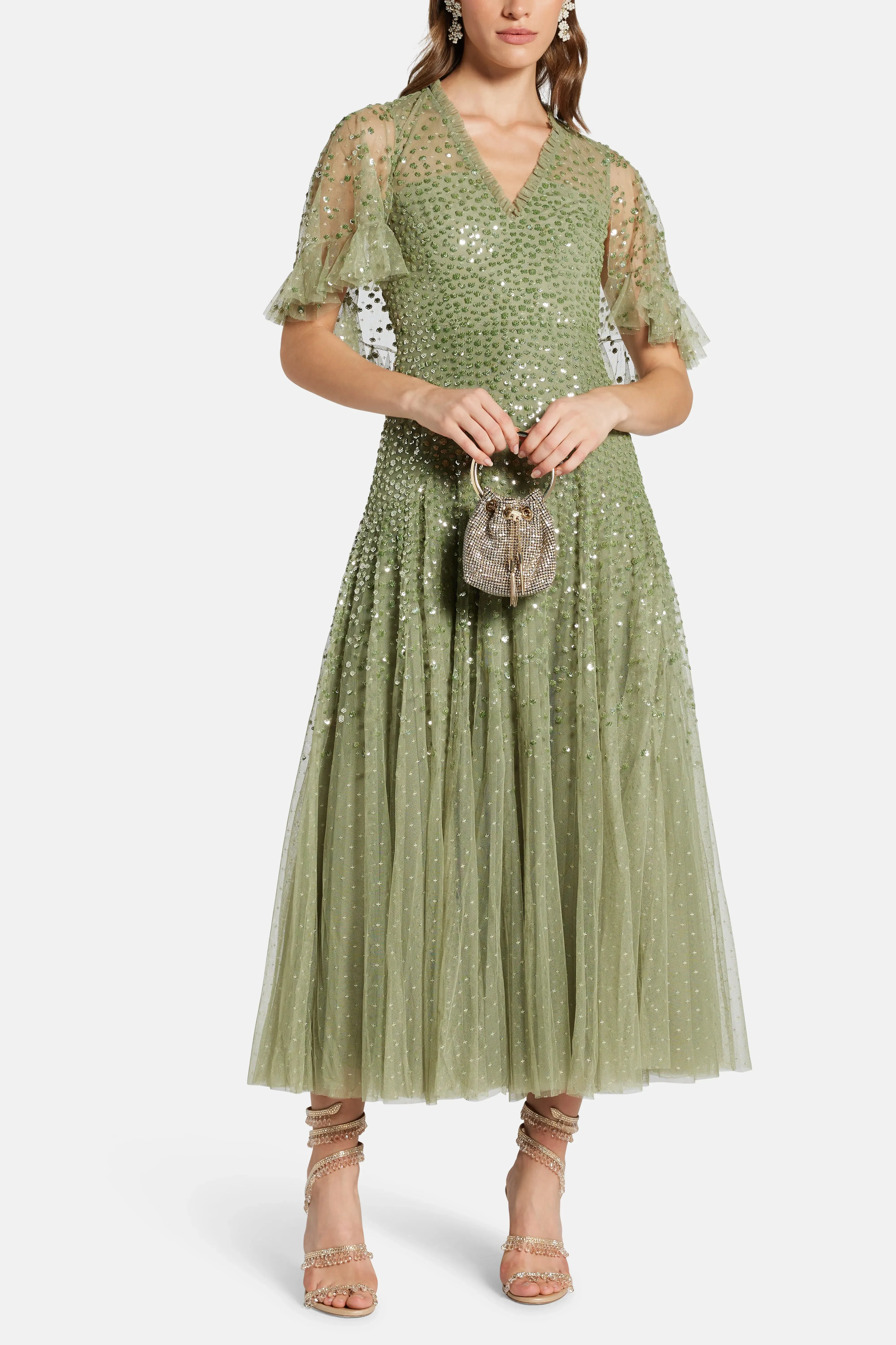 Needle & Thread Dappled V Neck Sequin Cape Evening Dress in Green