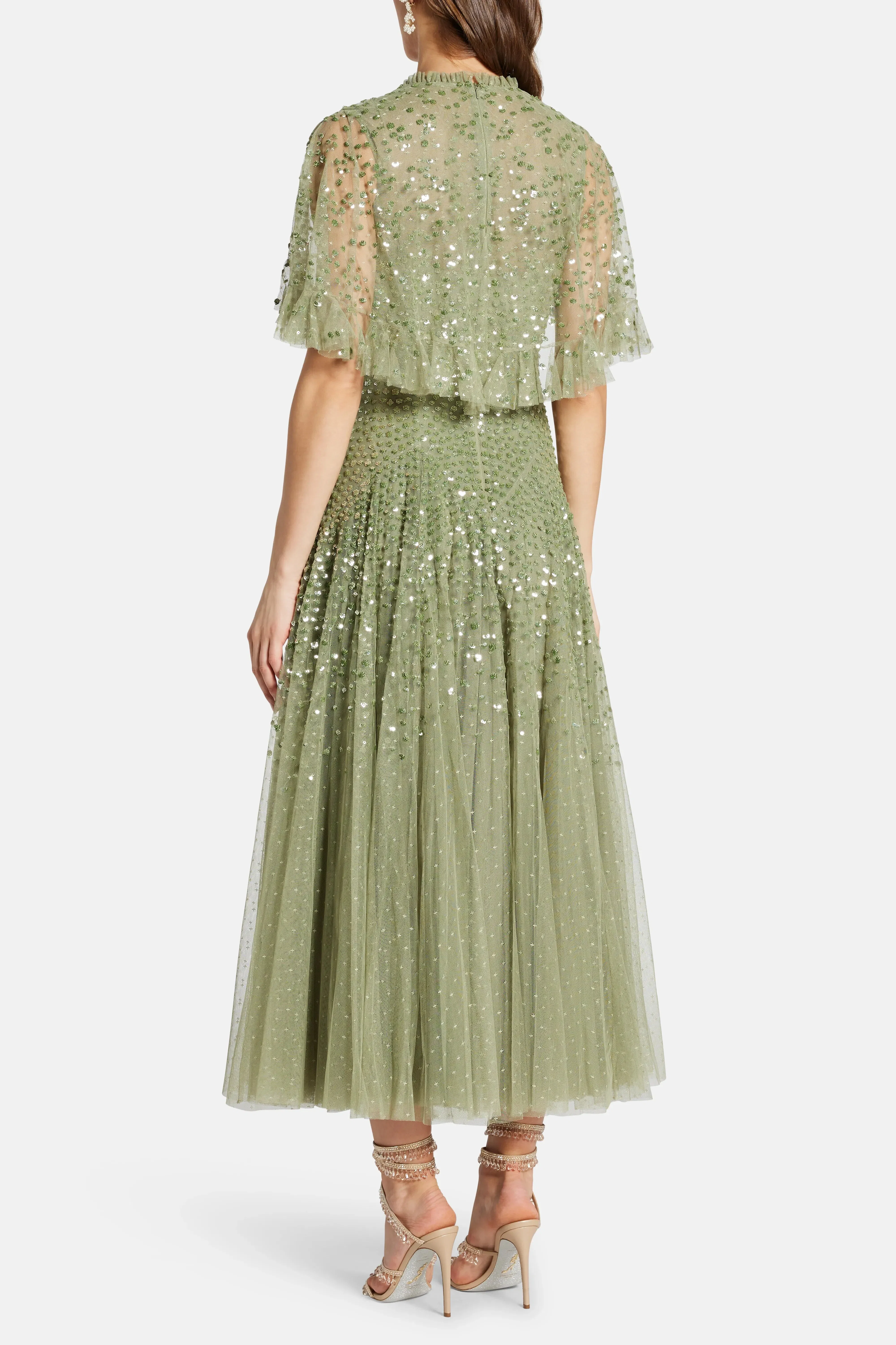 Needle & Thread Dappled V Neck Sequin Cape Evening Dress in Green