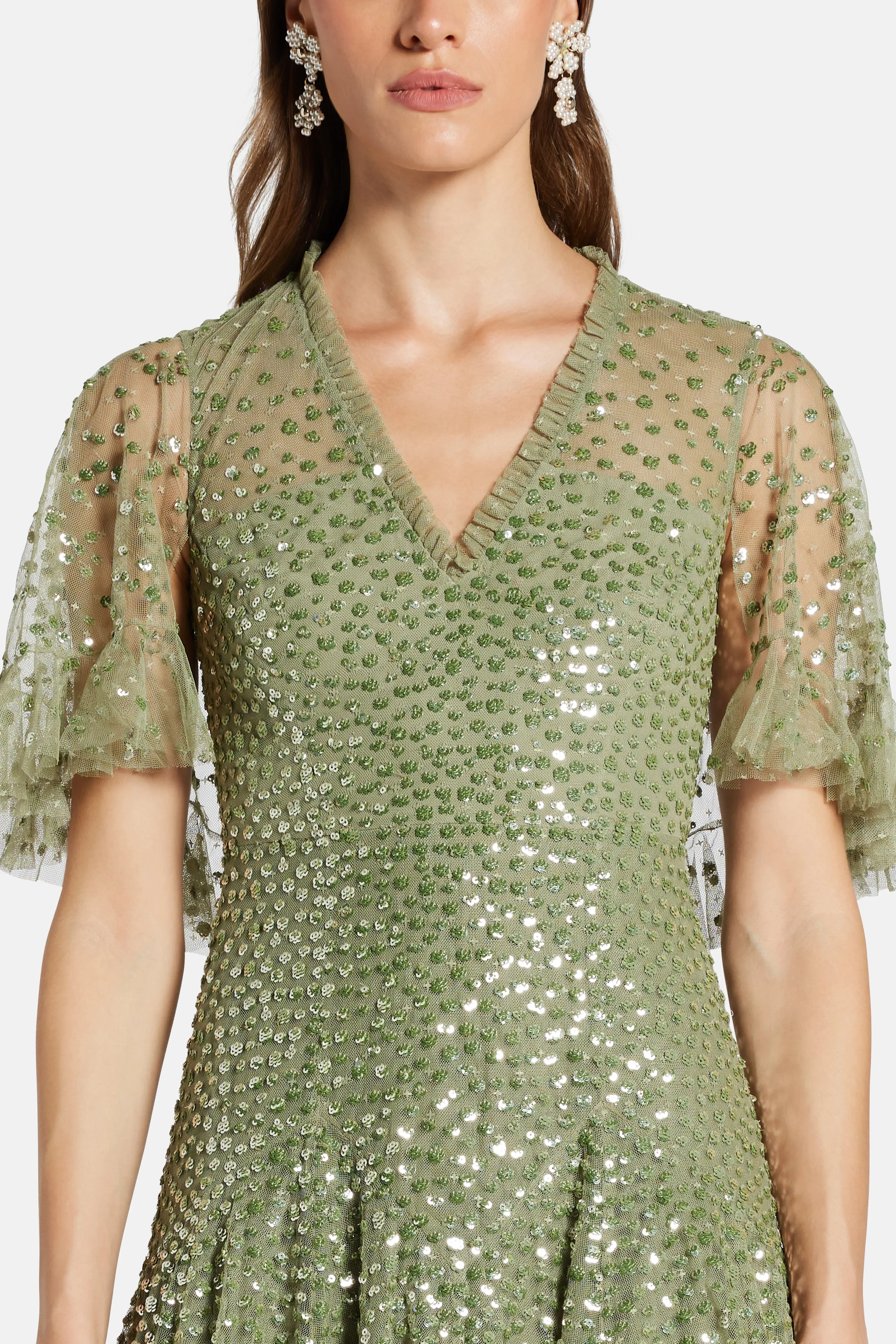 Needle & Thread Dappled V Neck Sequin Cape Evening Dress in Green