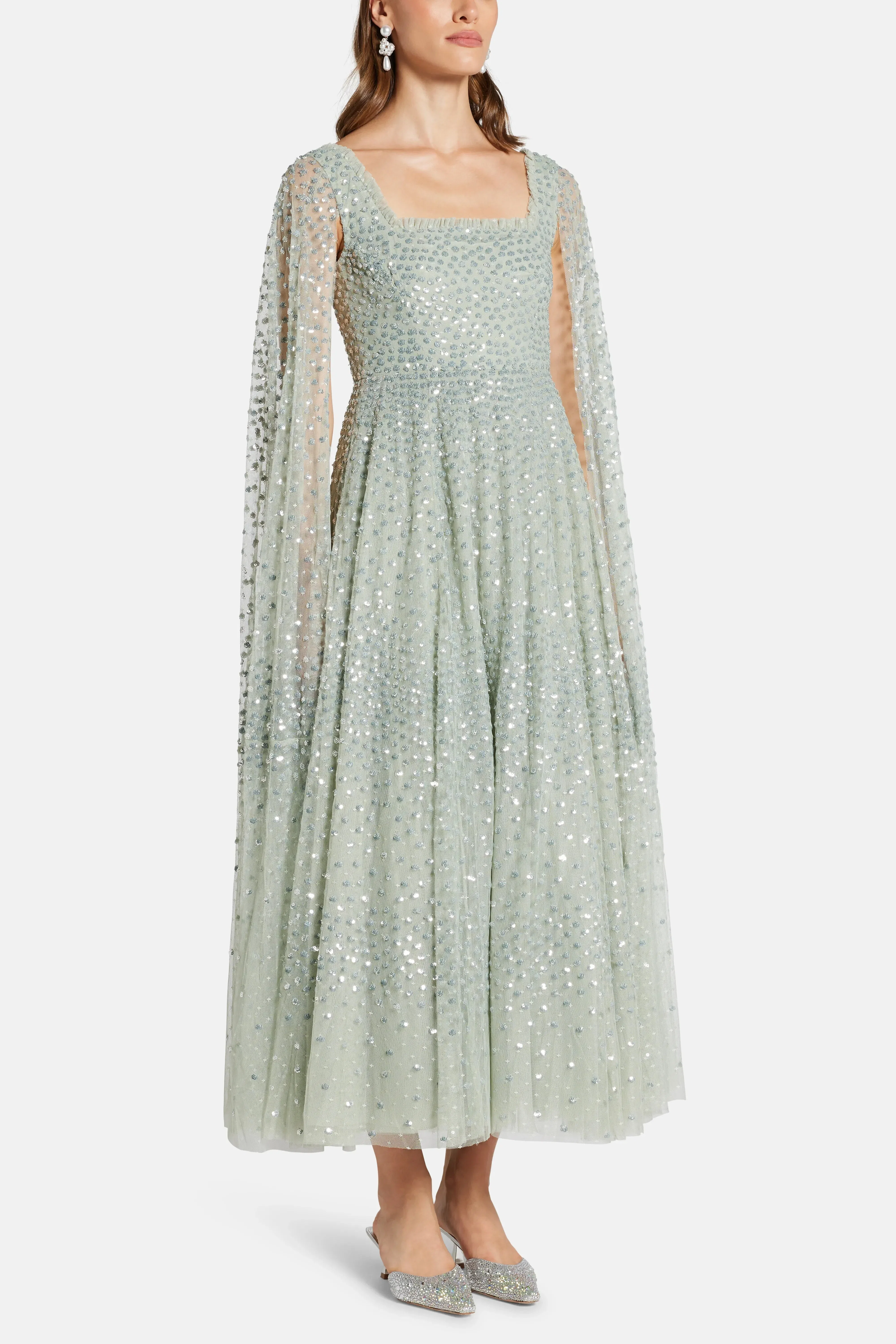 Needle & Thread Scatter Dot Cape Sleeve Evening Dress in Green