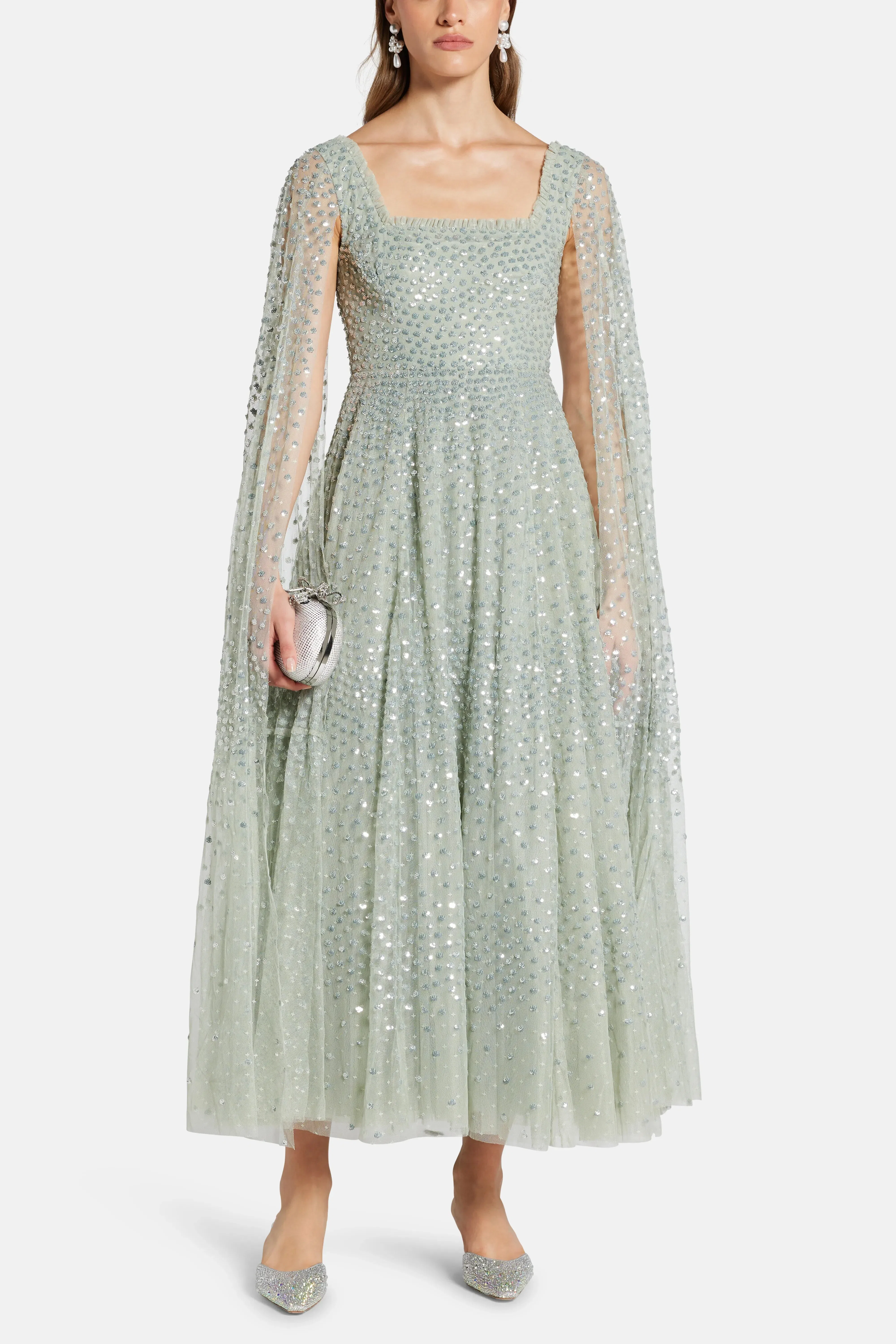 Needle & Thread Scatter Dot Cape Sleeve Evening Dress in Green