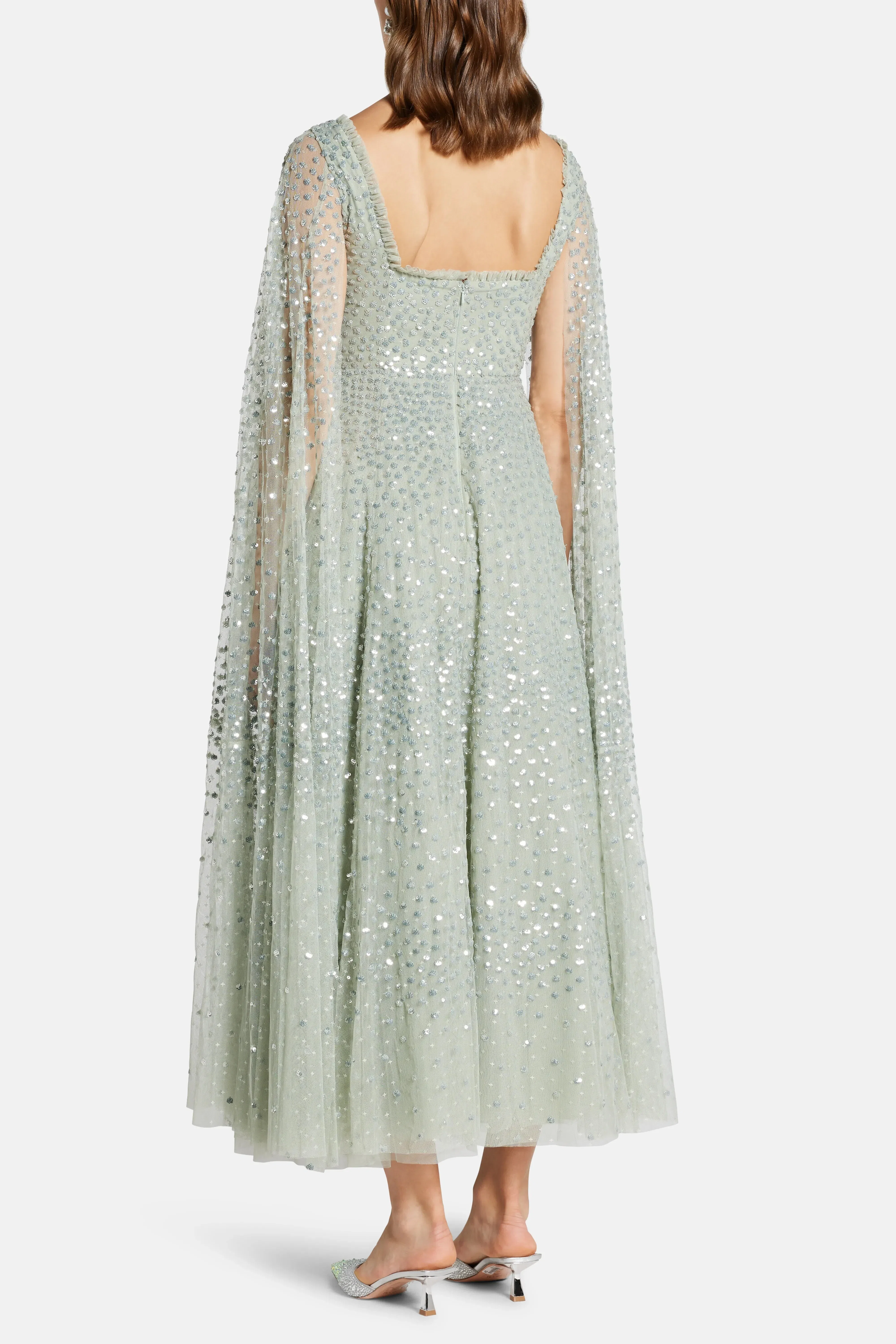 Needle & Thread Scatter Dot Cape Sleeve Evening Dress in Green