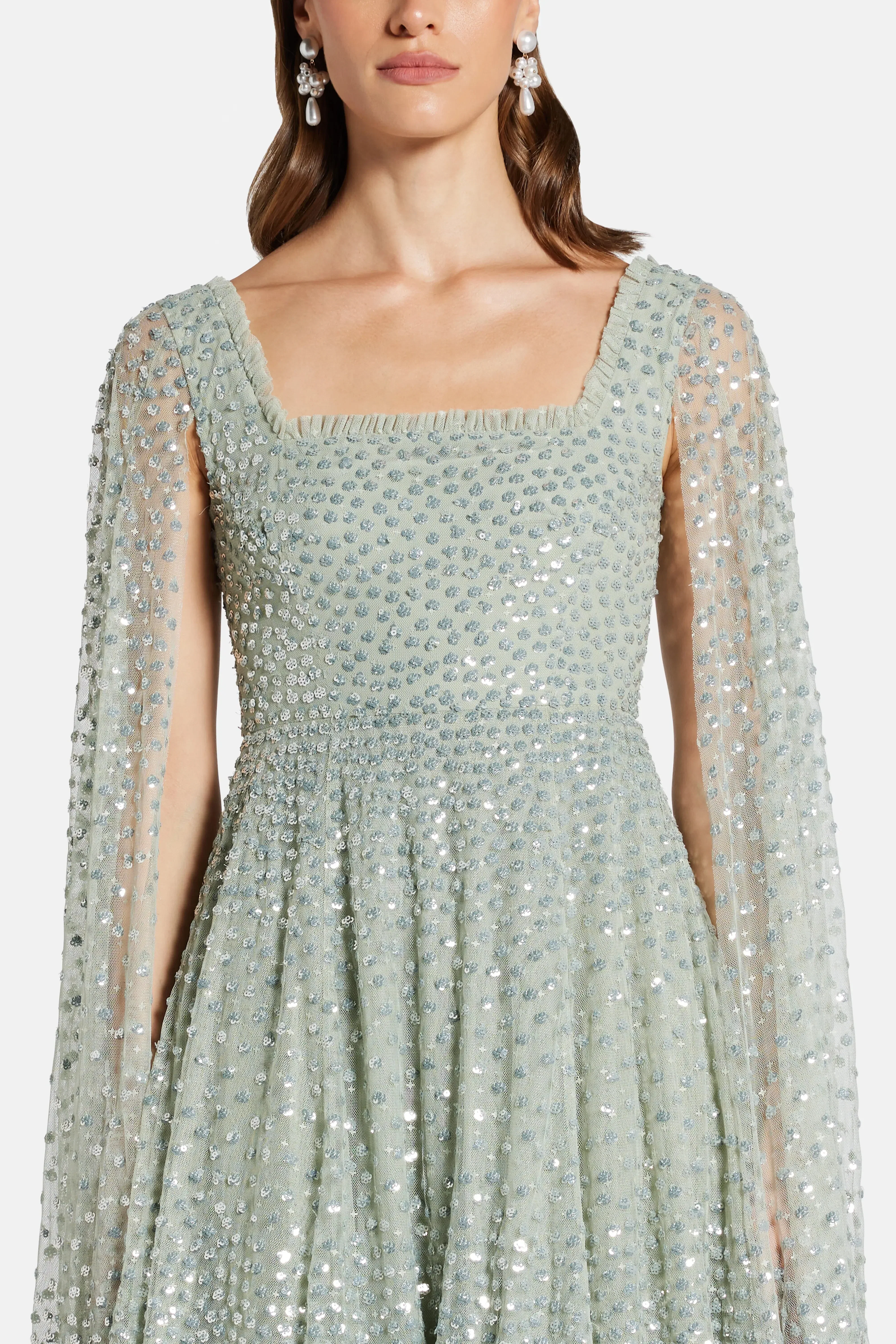 Needle & Thread Scatter Dot Cape Sleeve Evening Dress in Green