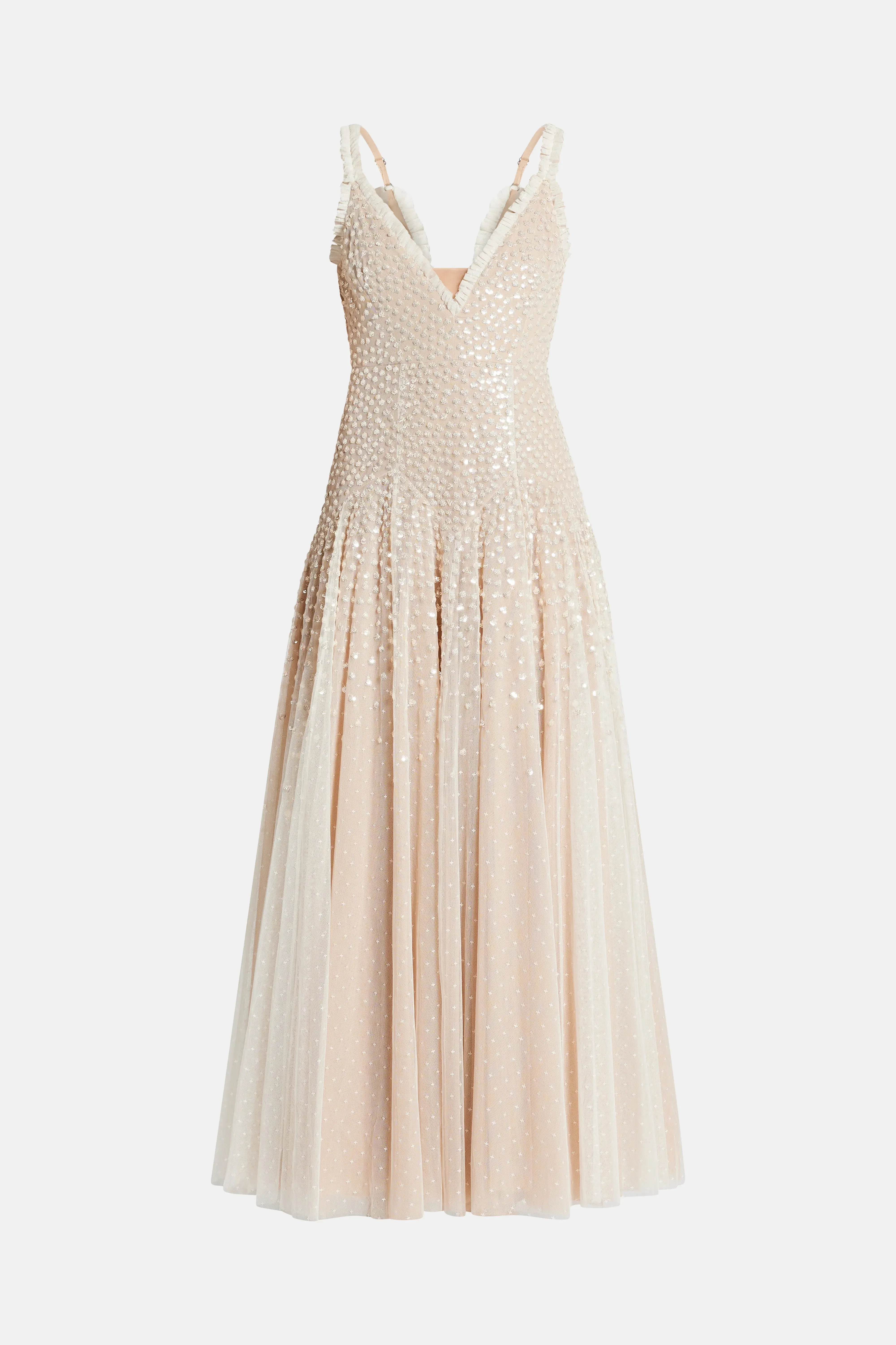 Needle & Thread Sequin Cascade Sleeveless Plunge Evening Dress in Cream