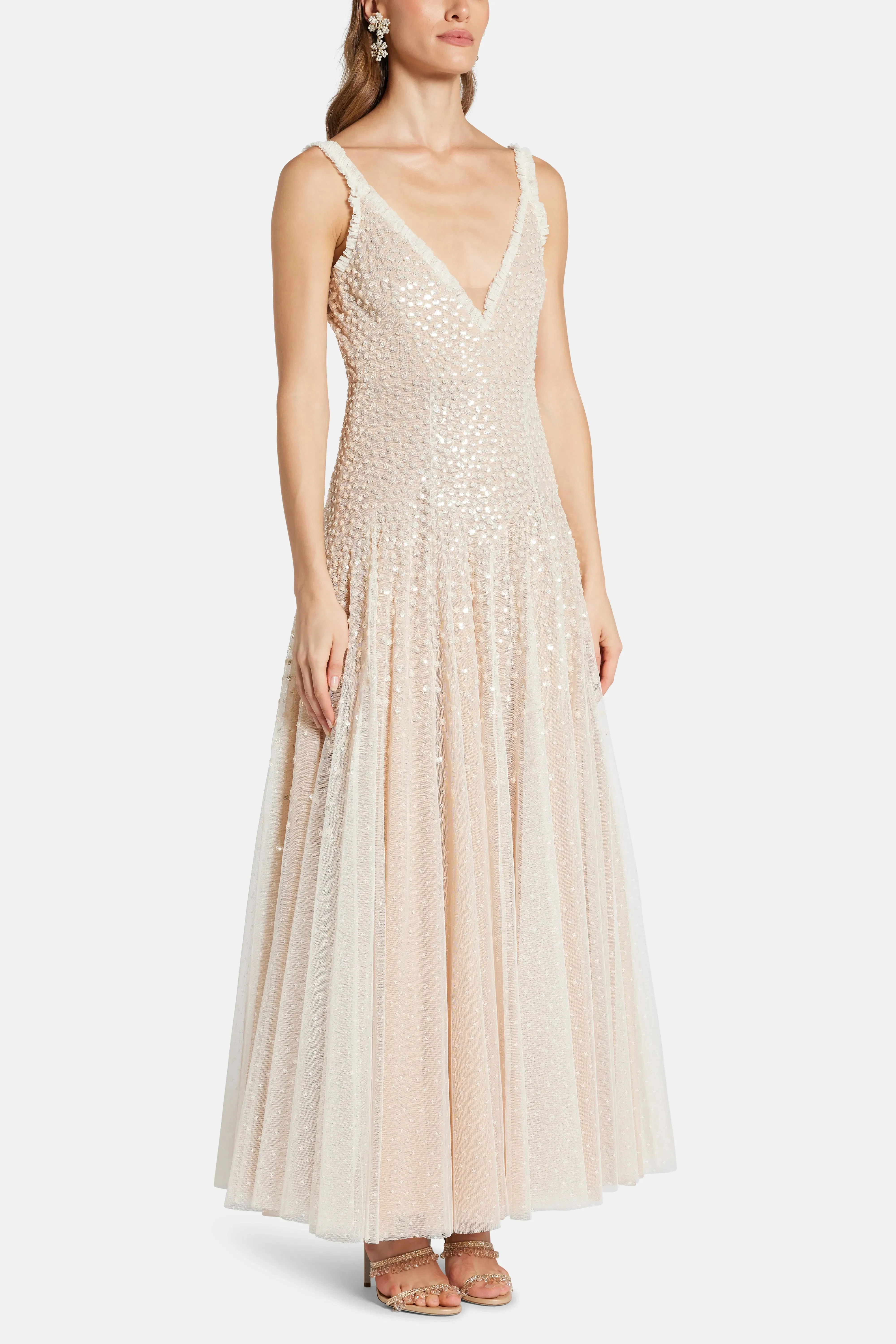 Needle & Thread Sequin Cascade Sleeveless Plunge Evening Dress in Cream
