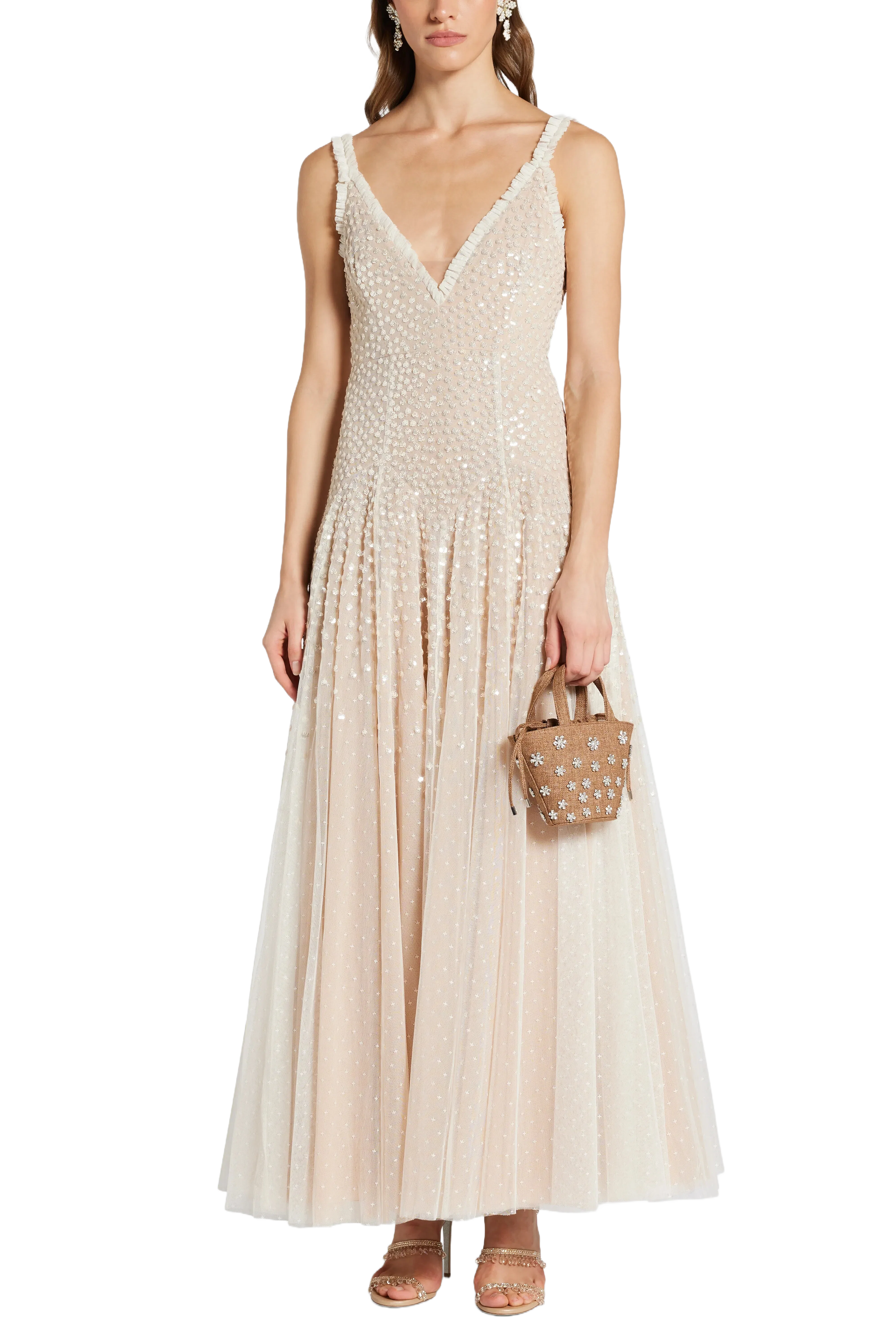 Needle & Thread Sequin Cascade Sleeveless Plunge Evening Dress in Cream