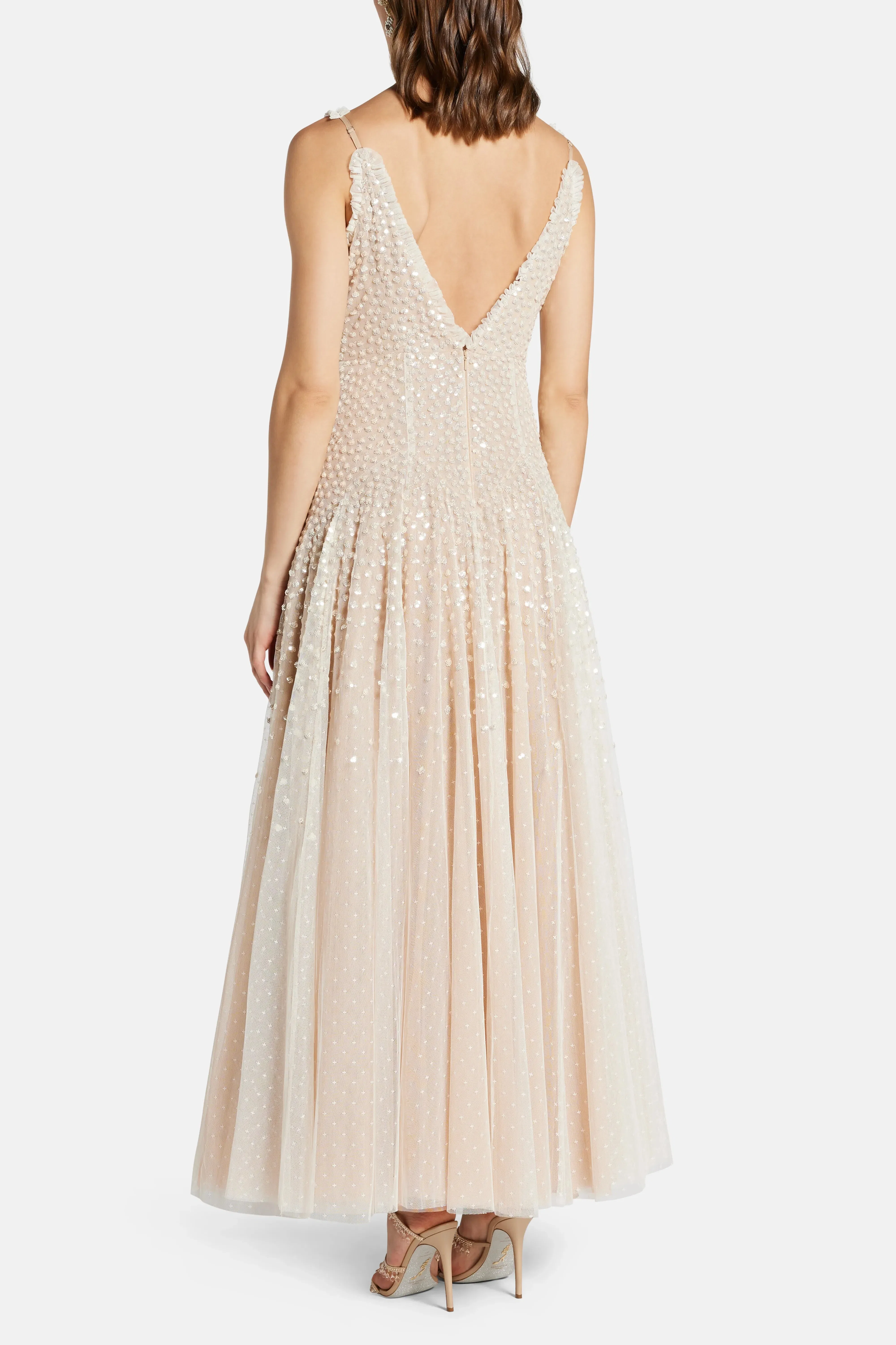 Needle & Thread Sequin Cascade Sleeveless Plunge Evening Dress in Cream