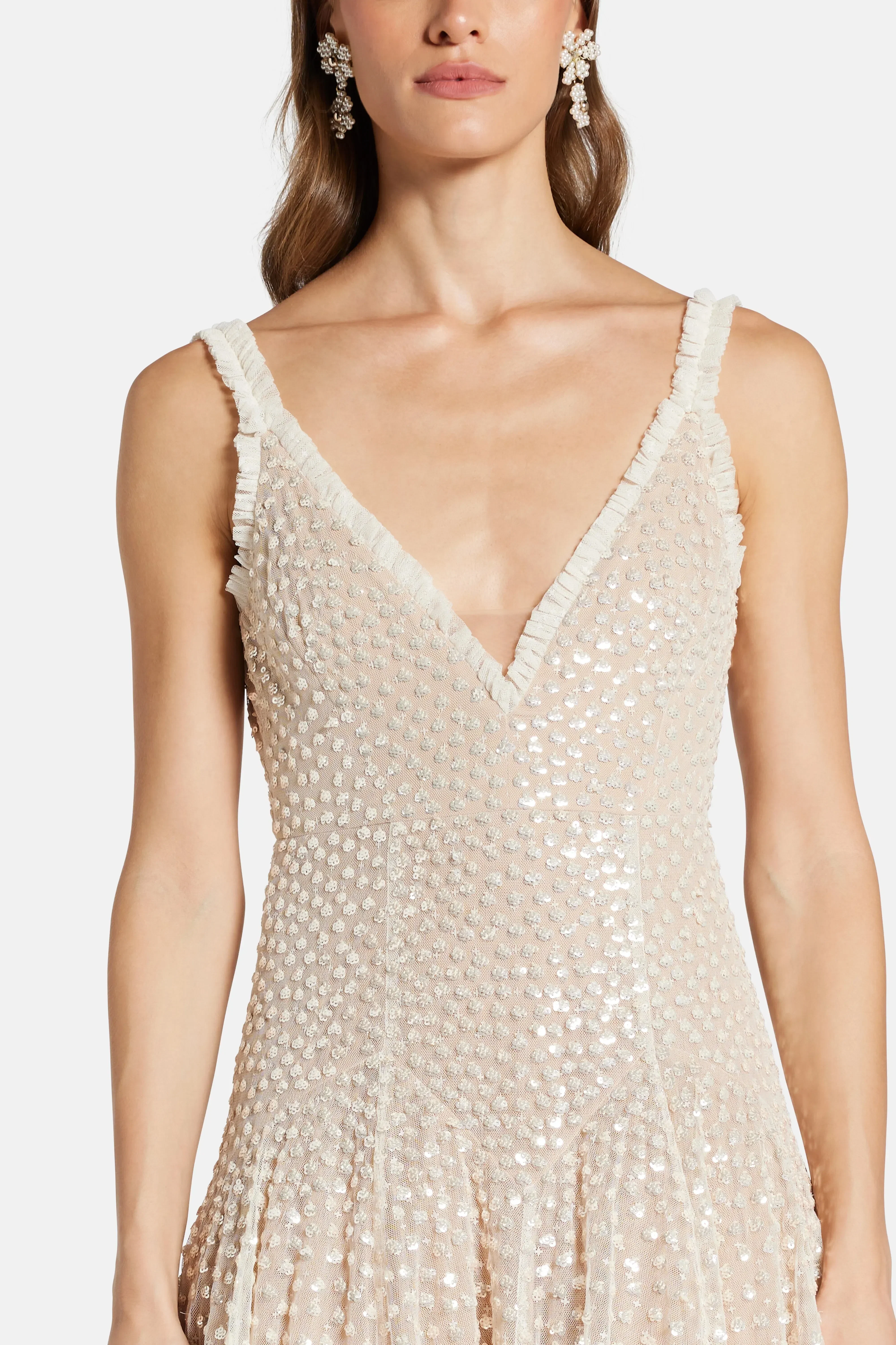 Needle & Thread Sequin Cascade Sleeveless Plunge Evening Dress in Cream