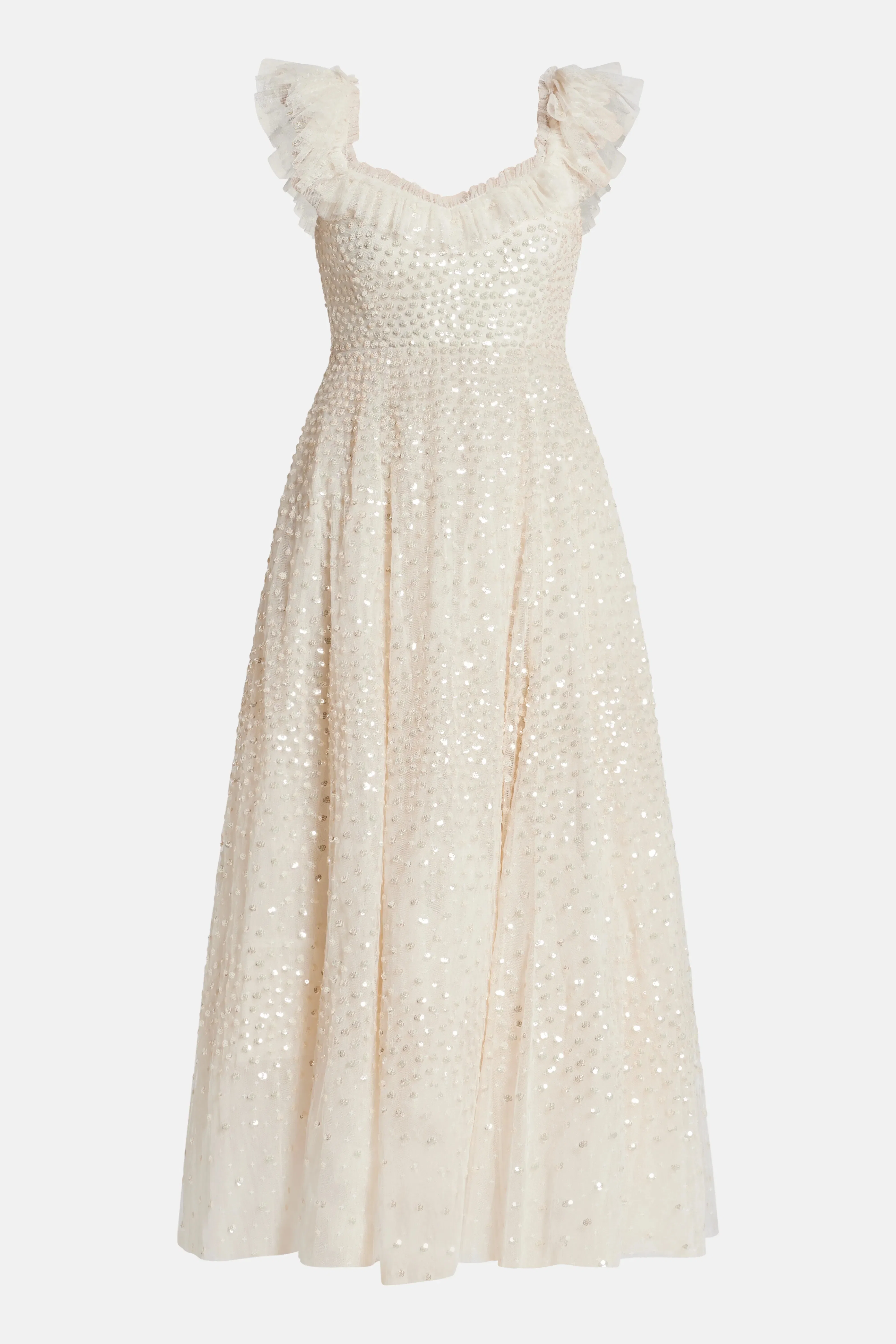Needle & Thread Scatter Dot Ruffle Sequin Midi Dress in Cream