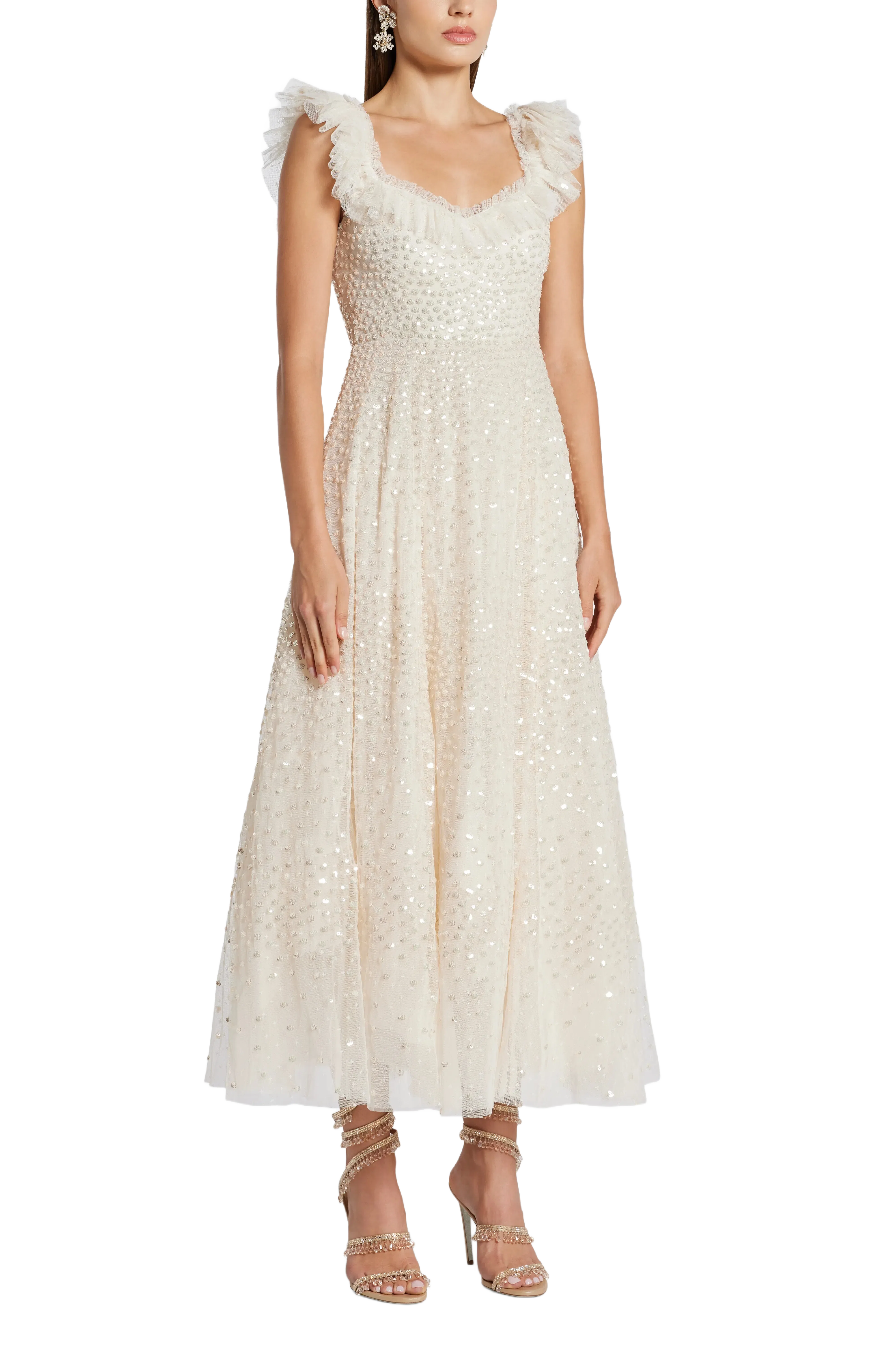 Needle & Thread Scatter Dot Ruffle Sequin Midi Dress in Cream