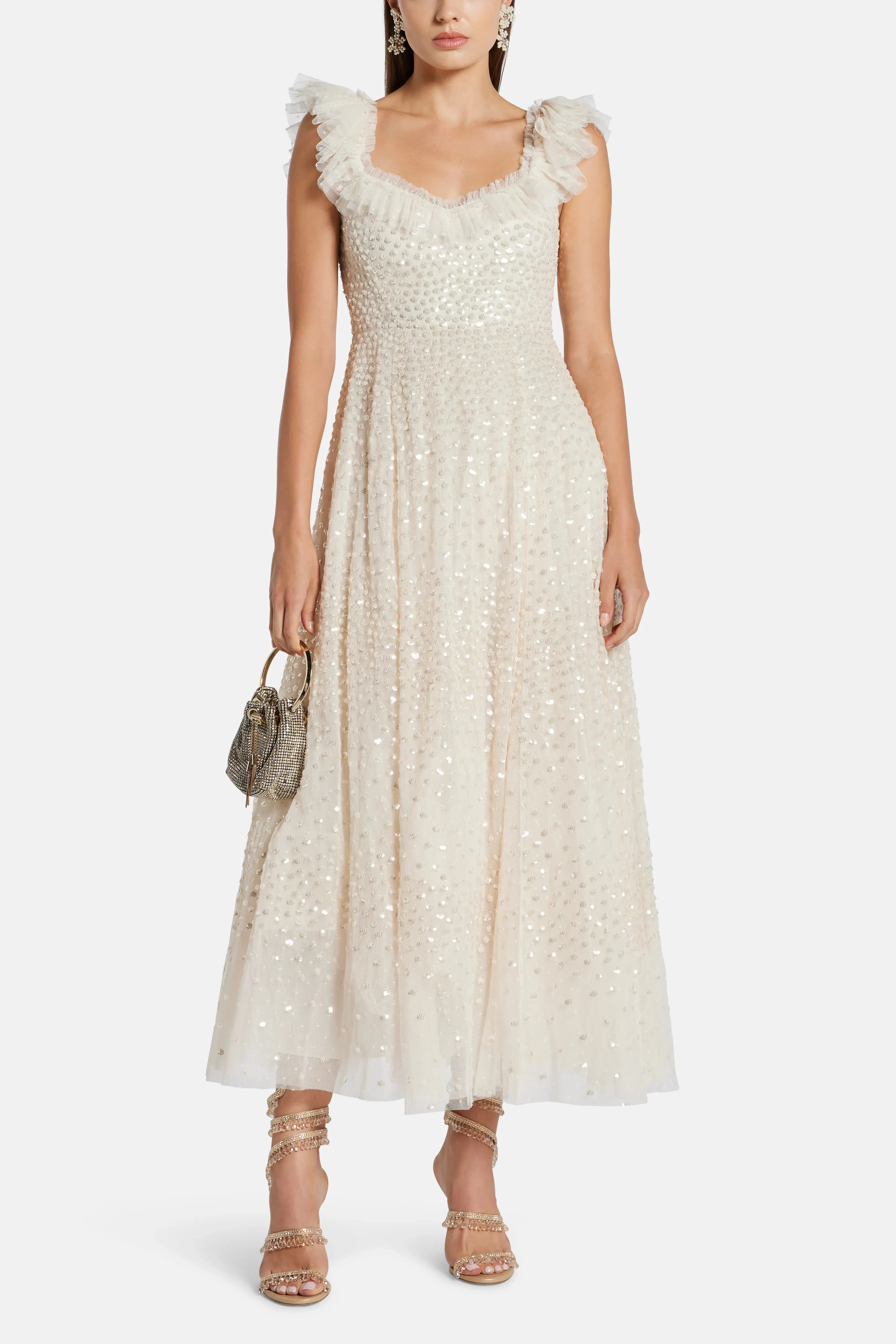 Needle & Thread Scatter Dot Ruffle Sequin Midi Dress in Cream