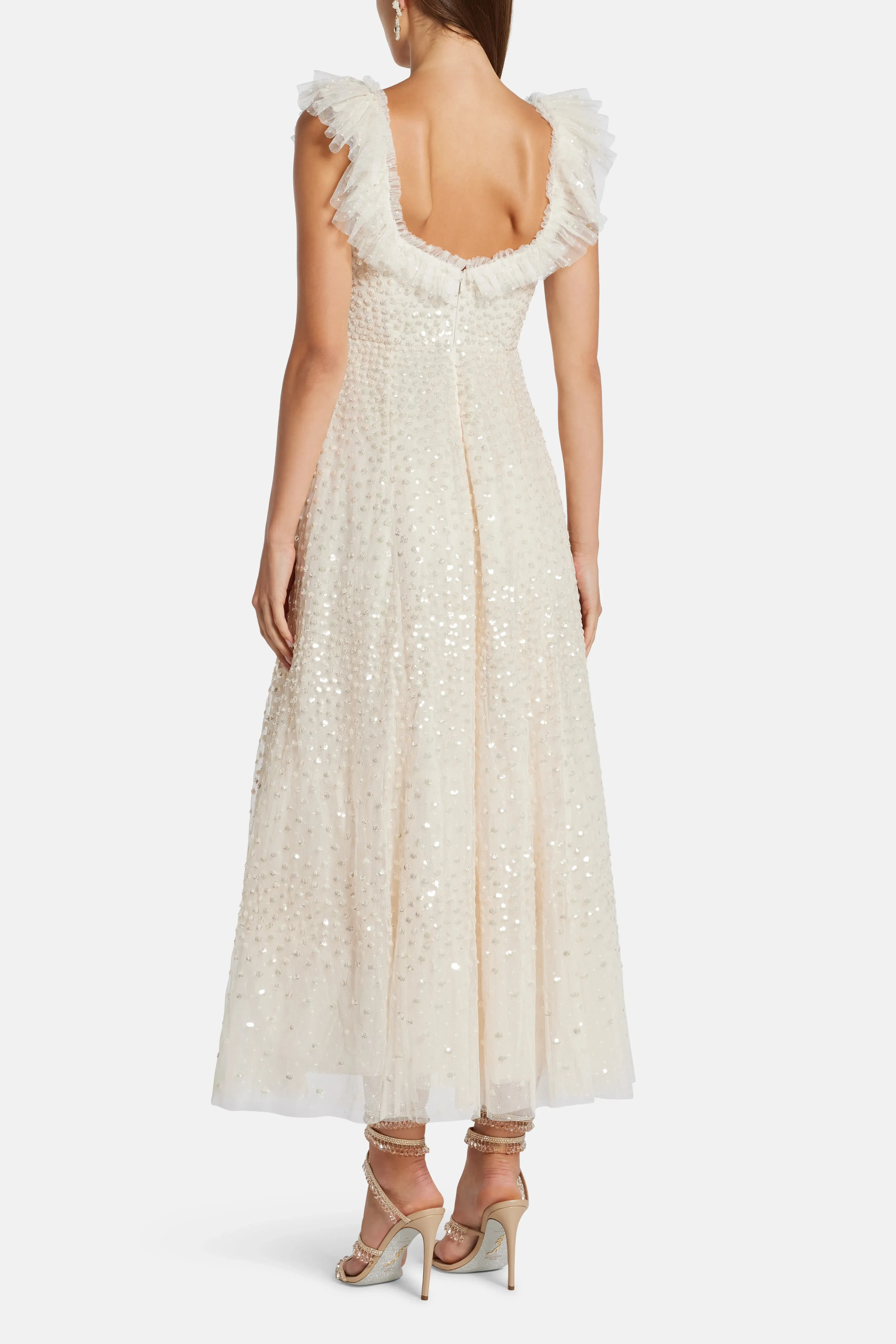 Needle & Thread Scatter Dot Ruffle Sequin Midi Dress in Cream