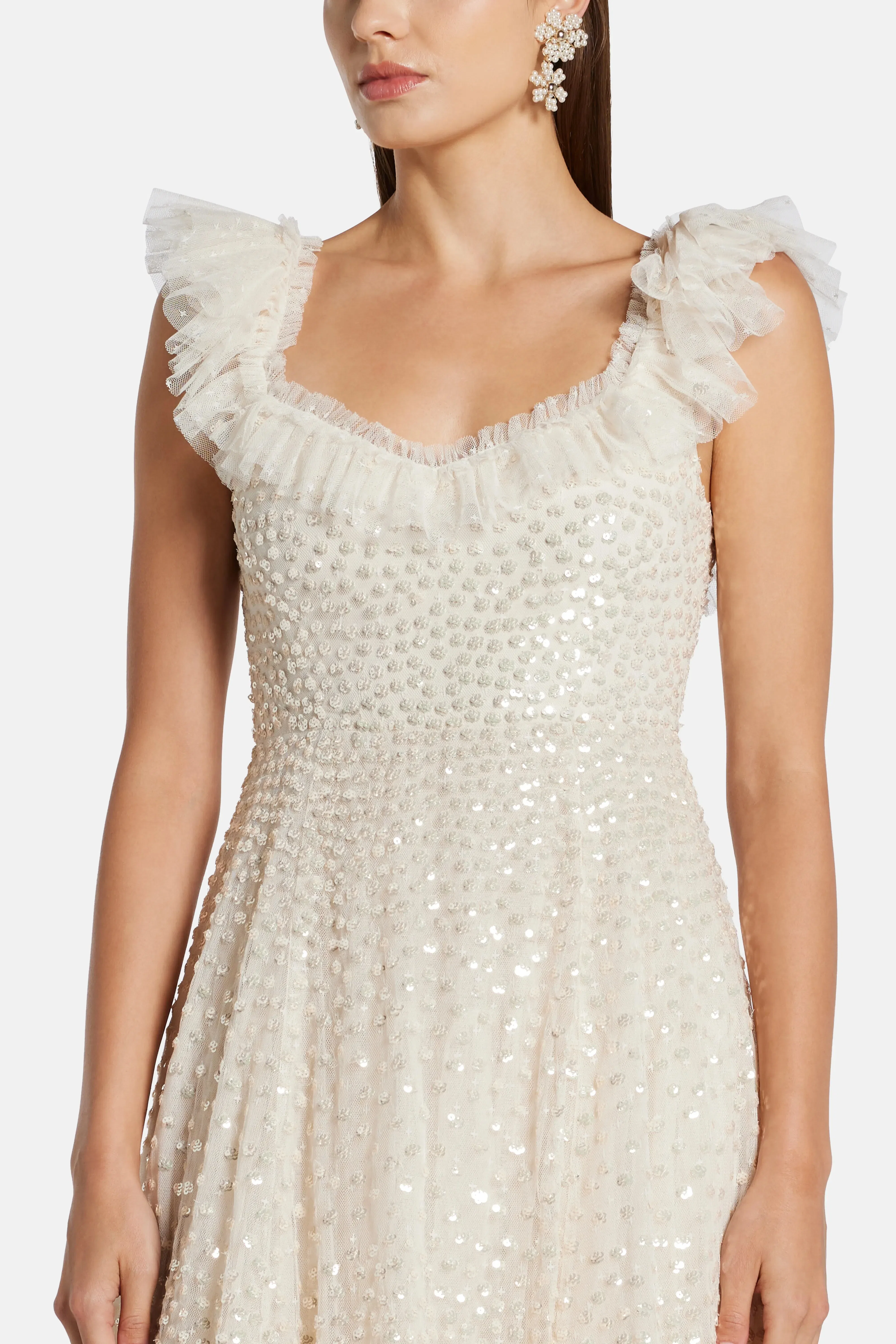 Needle & Thread Scatter Dot Ruffle Sequin Midi Dress in Cream