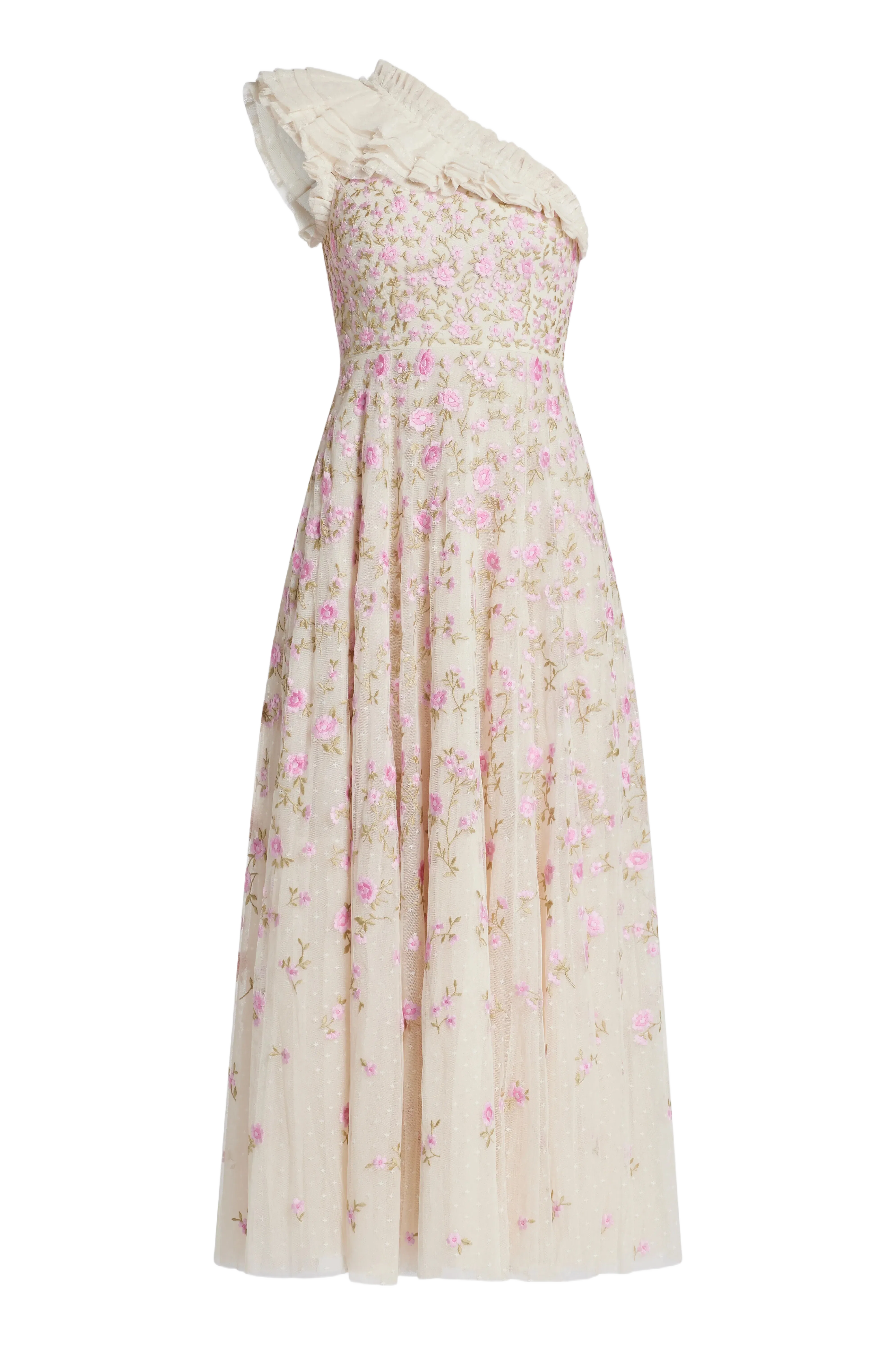 Needle & Thread Lea Ditsy One Shoulder Floral Midi Dress in Pink