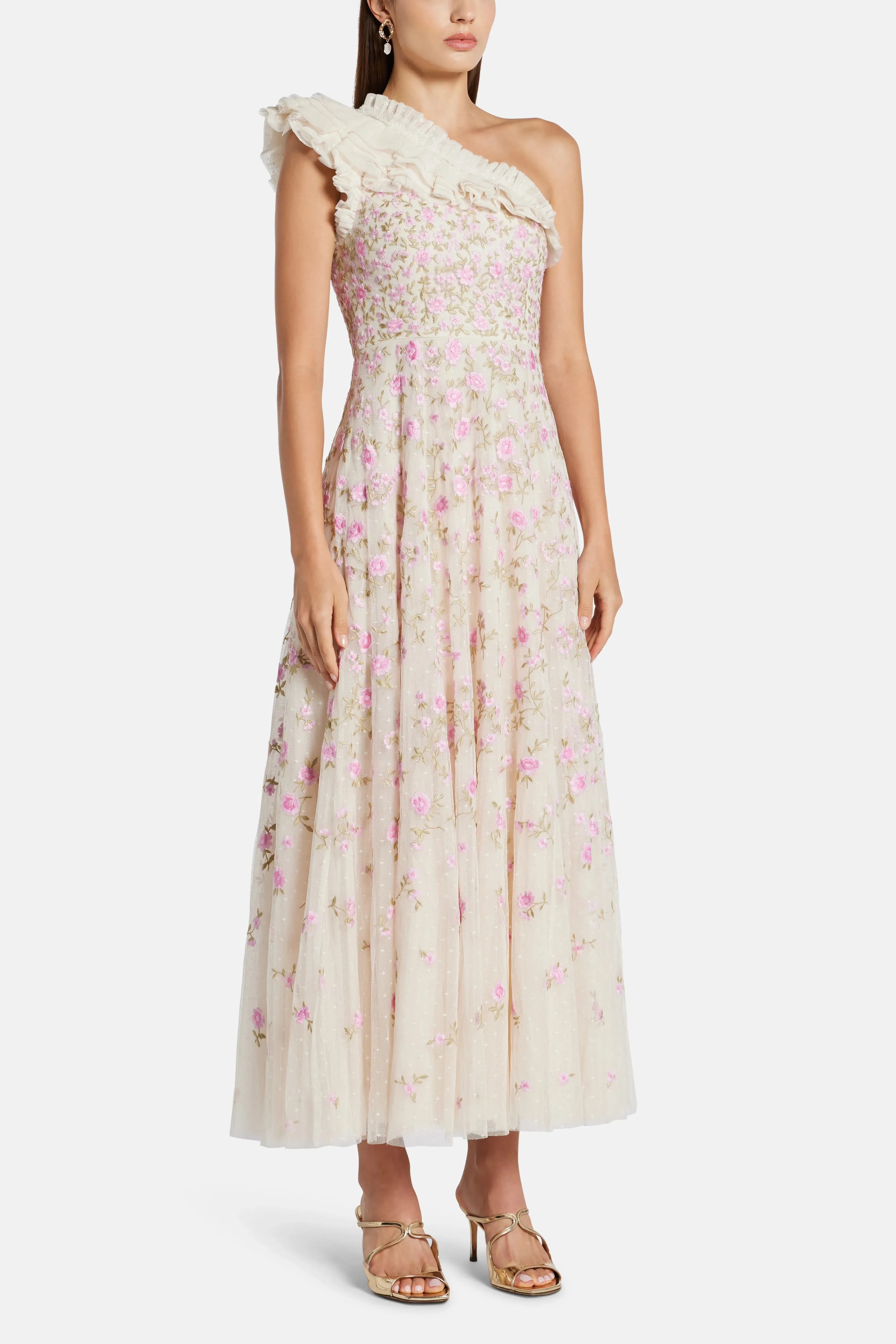 Needle & Thread Lea Ditsy One Shoulder Floral Midi Dress in Pink
