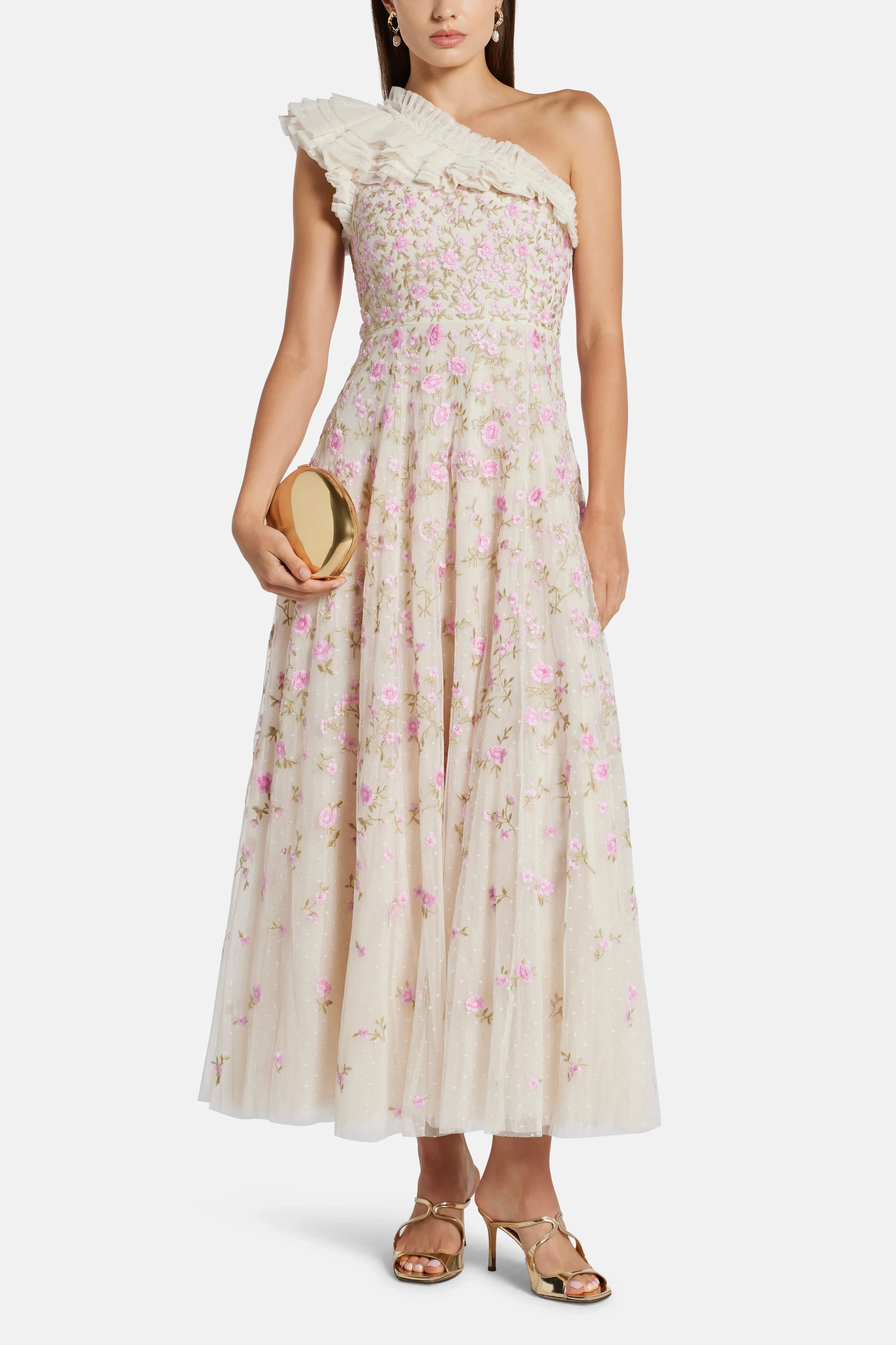 Needle & Thread Lea Ditsy One Shoulder Floral Midi Dress in Pink