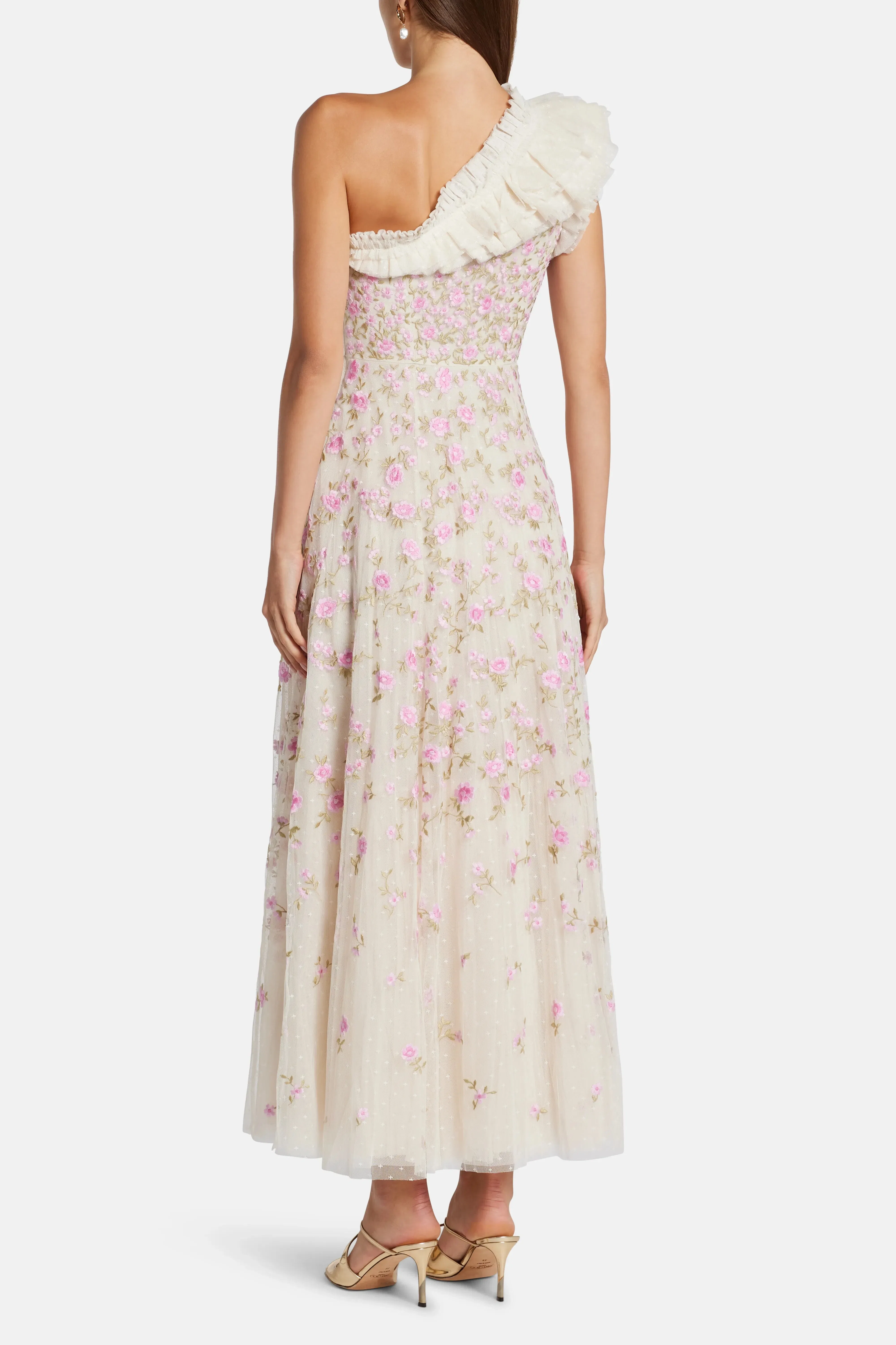 Needle & Thread Lea Ditsy One Shoulder Floral Midi Dress in Pink