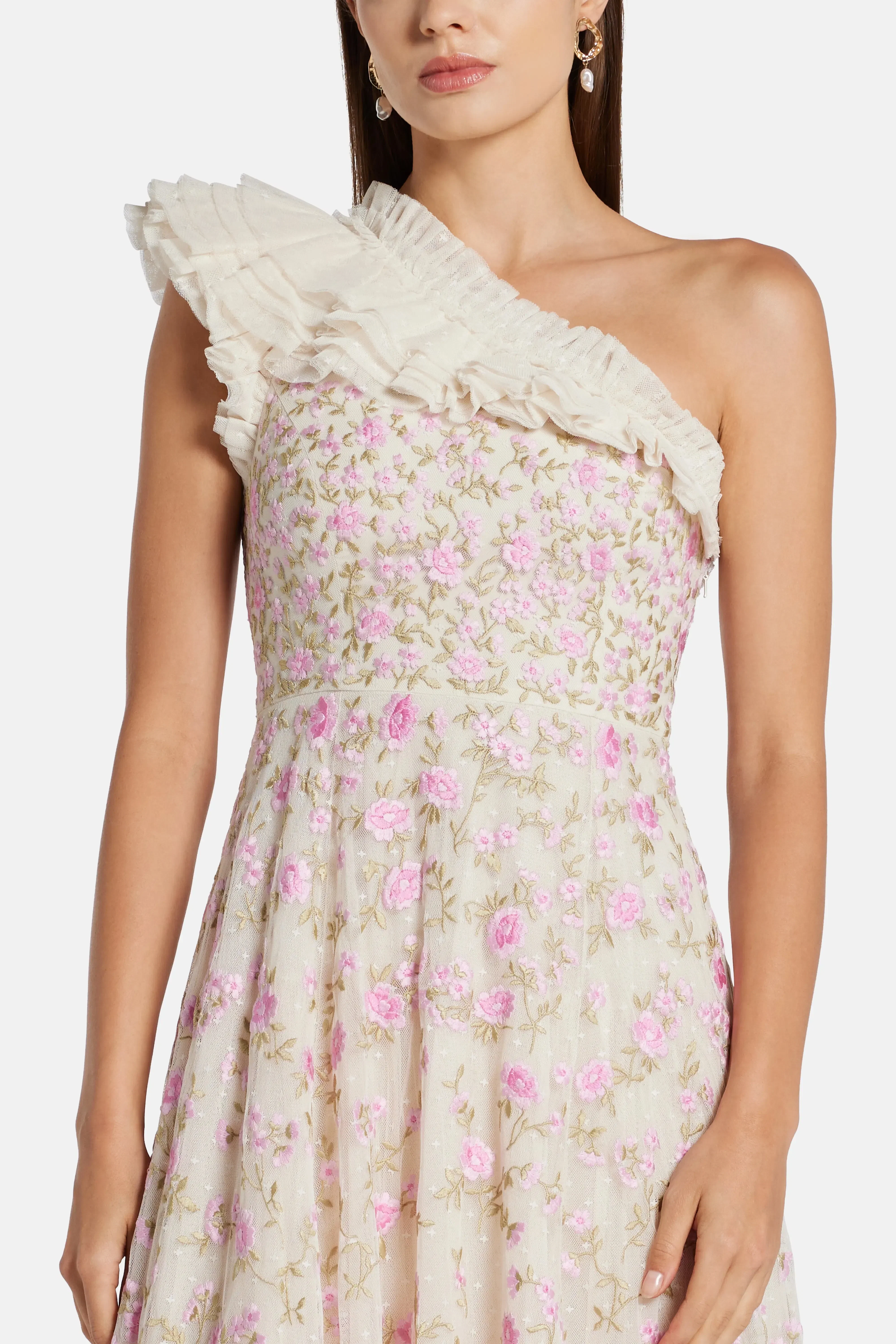 Needle & Thread Lea Ditsy One Shoulder Floral Midi Dress in Pink