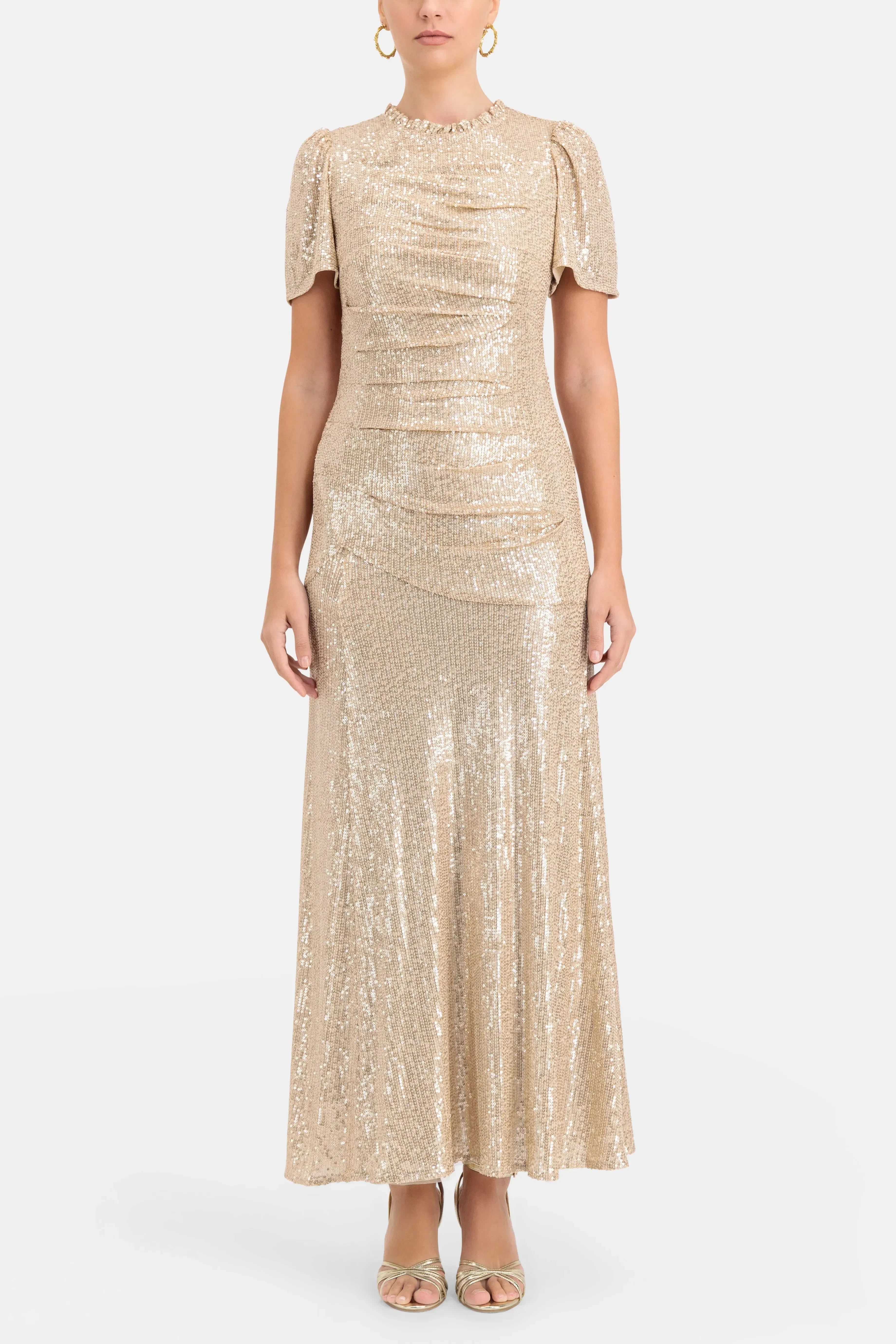 Needle & Thread Valentina Sequin Round Neck Short Sleeves Evening Dress in Beige