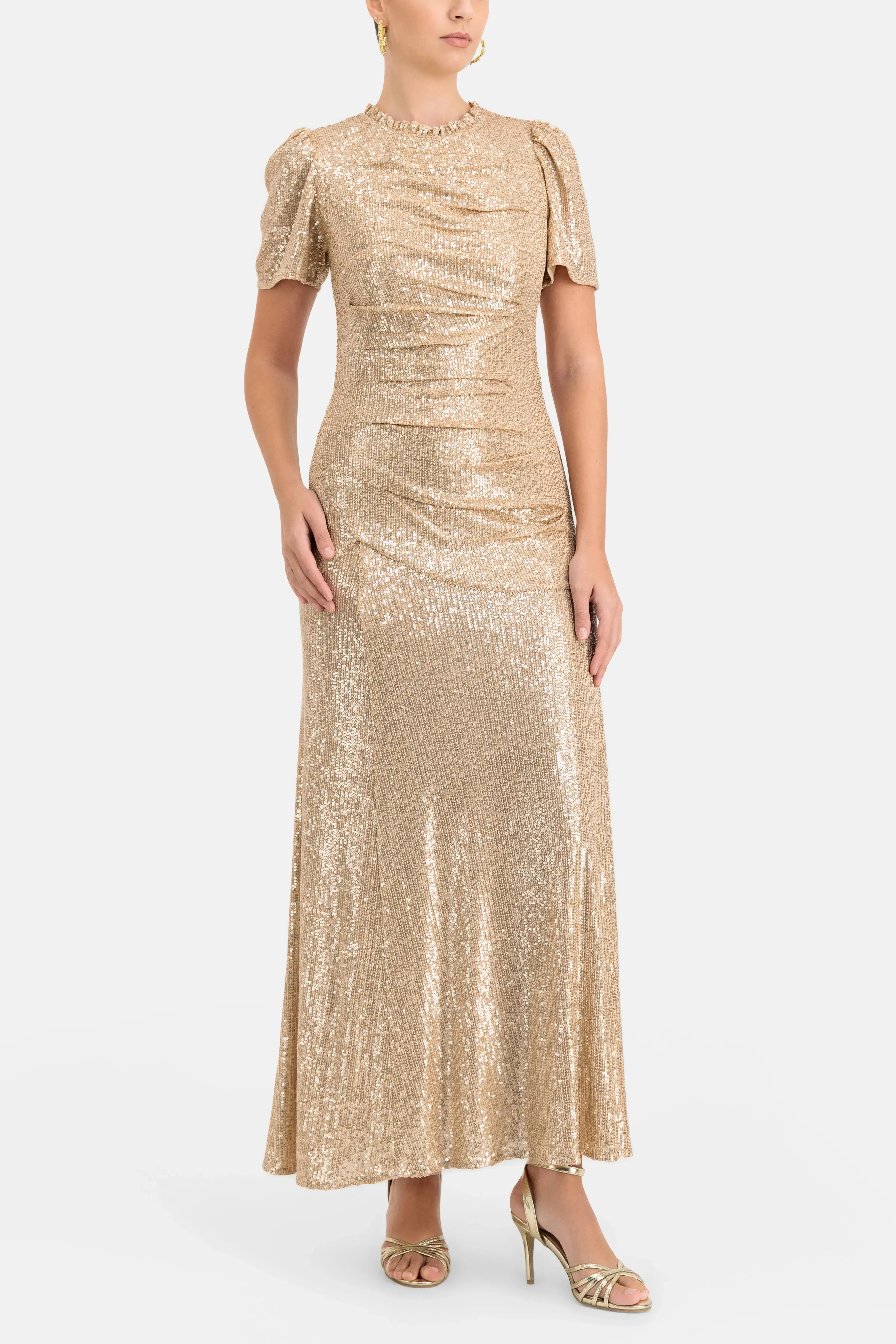 Needle & Thread Valentina Sequin Round Neck Short Sleeves Evening Dress in Beige