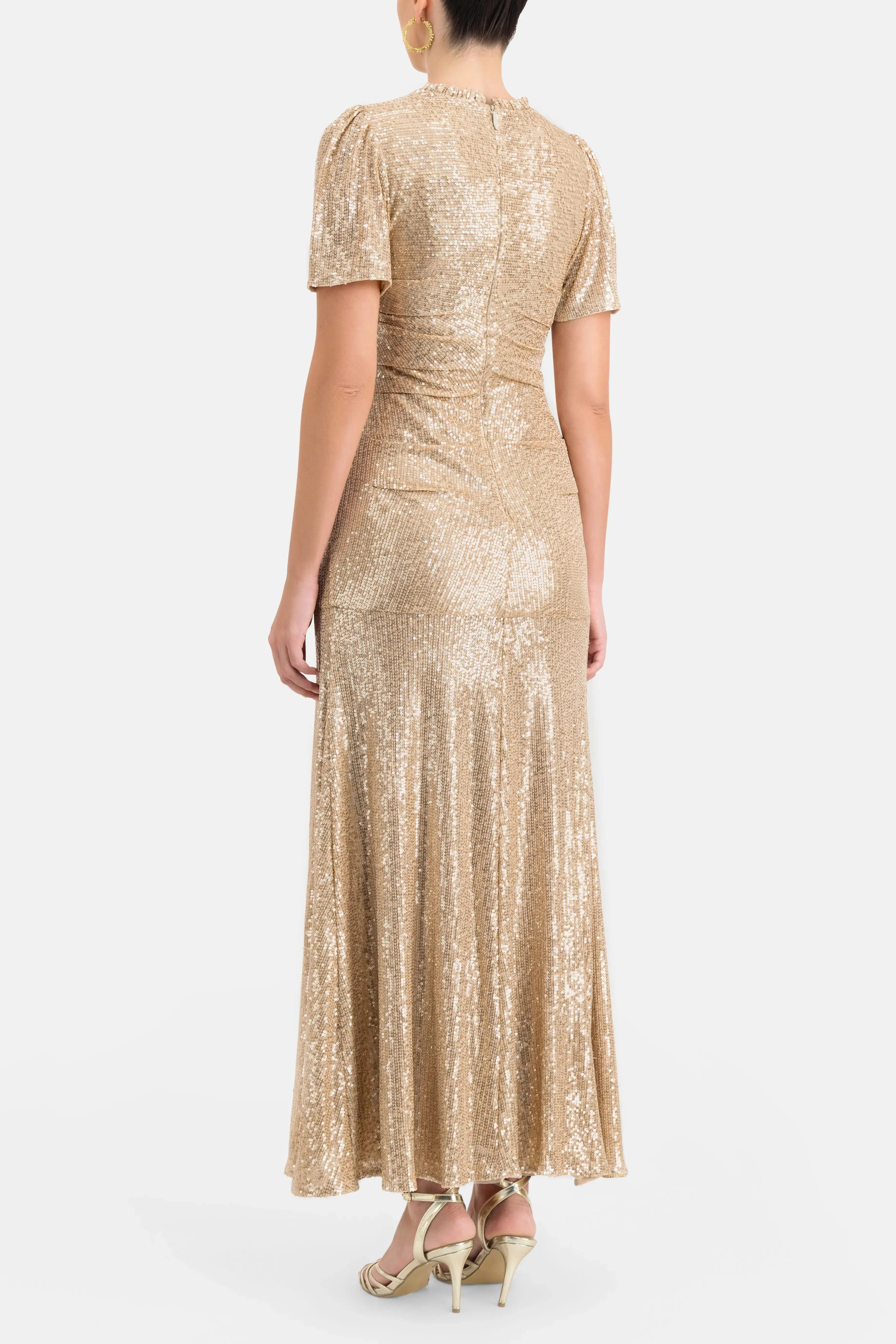 Needle & Thread Valentina Sequin Round Neck Short Sleeves Evening Dress in Beige