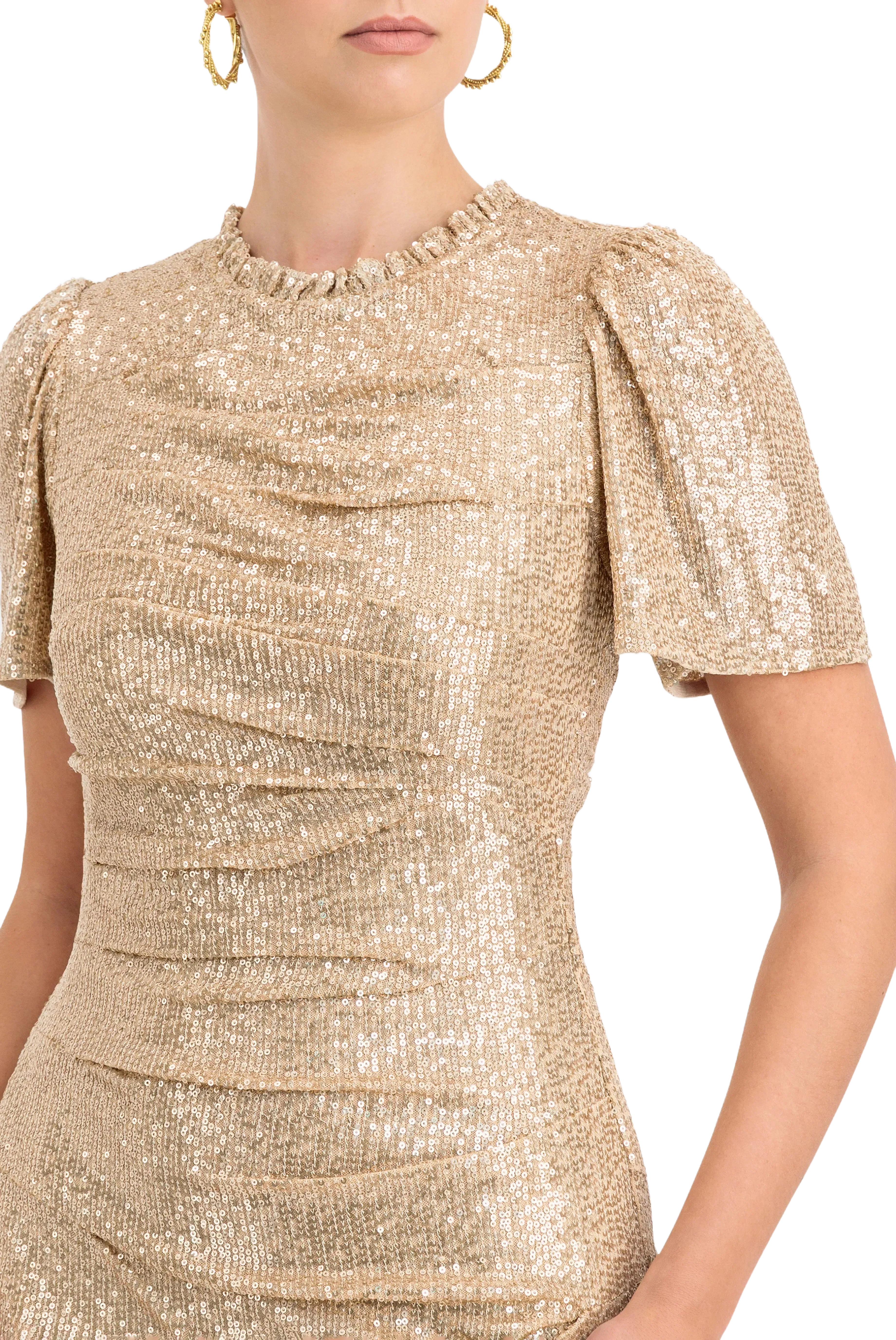 Needle & Thread Valentina Sequin Round Neck Short Sleeves Evening Dress in Beige
