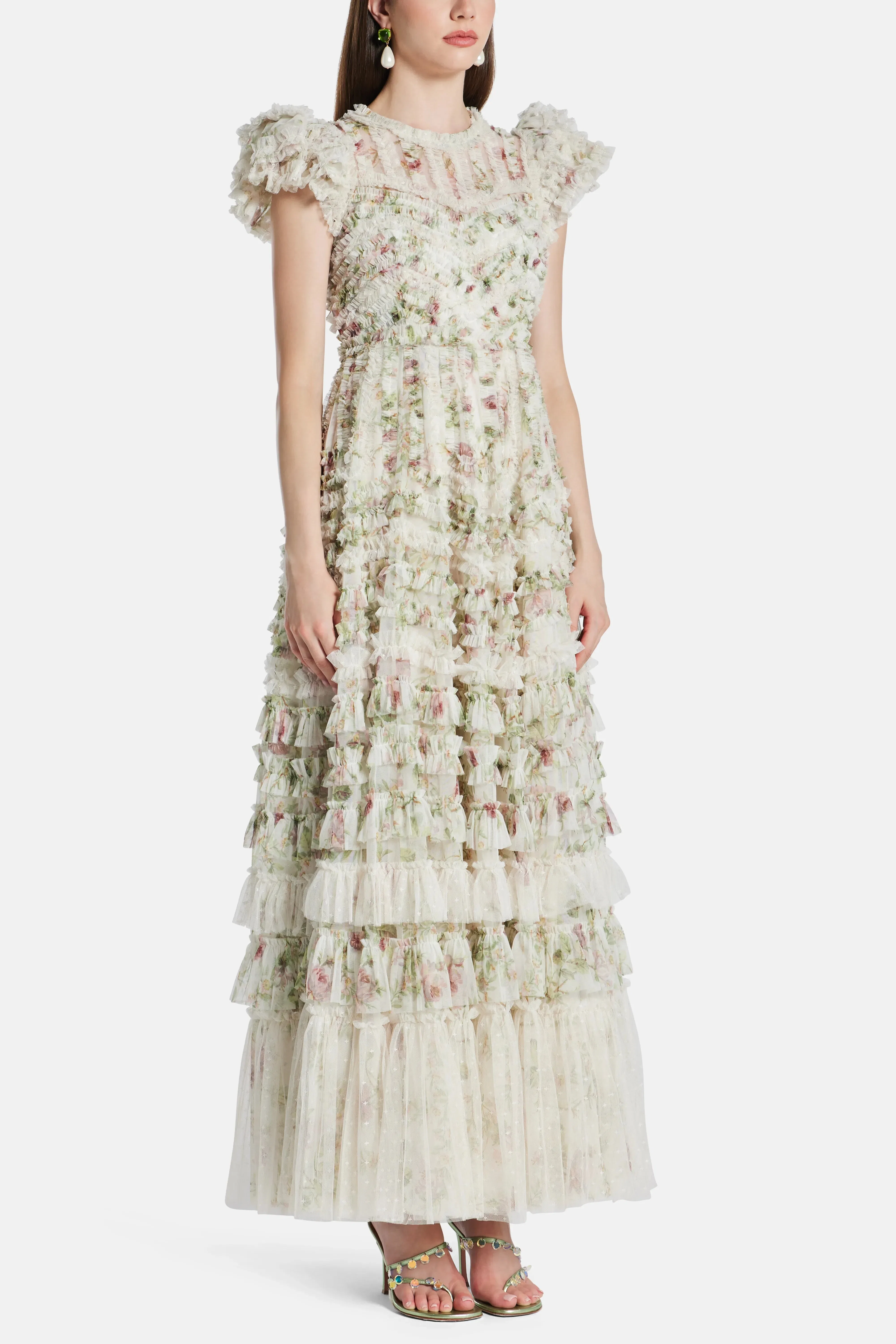 Needle & Thread Colettes La Vie En Rose Round Neck Short Sleeves Evening Dress in Cream
