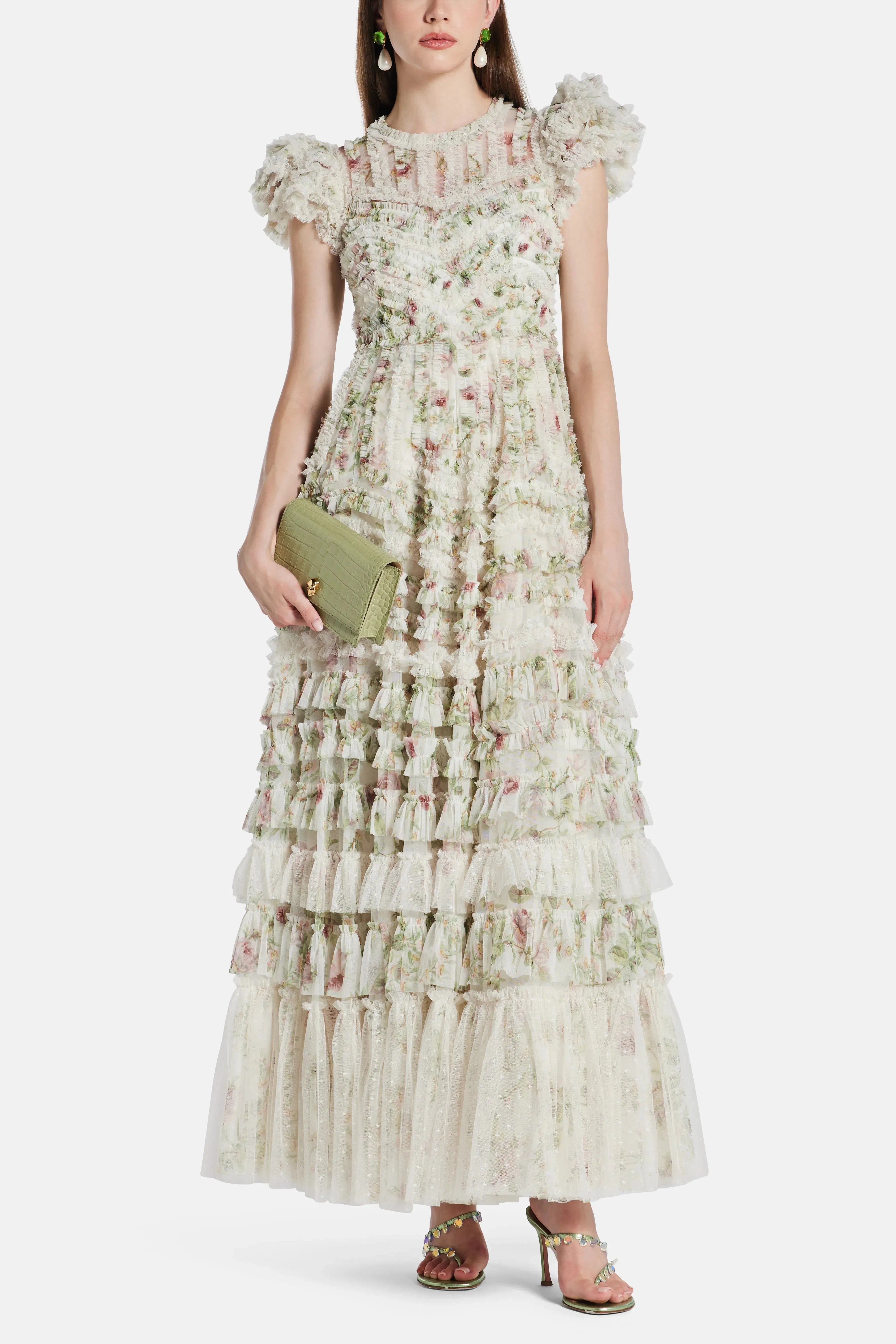 Needle & Thread Colettes La Vie En Rose Round Neck Short Sleeves Evening Dress in Cream