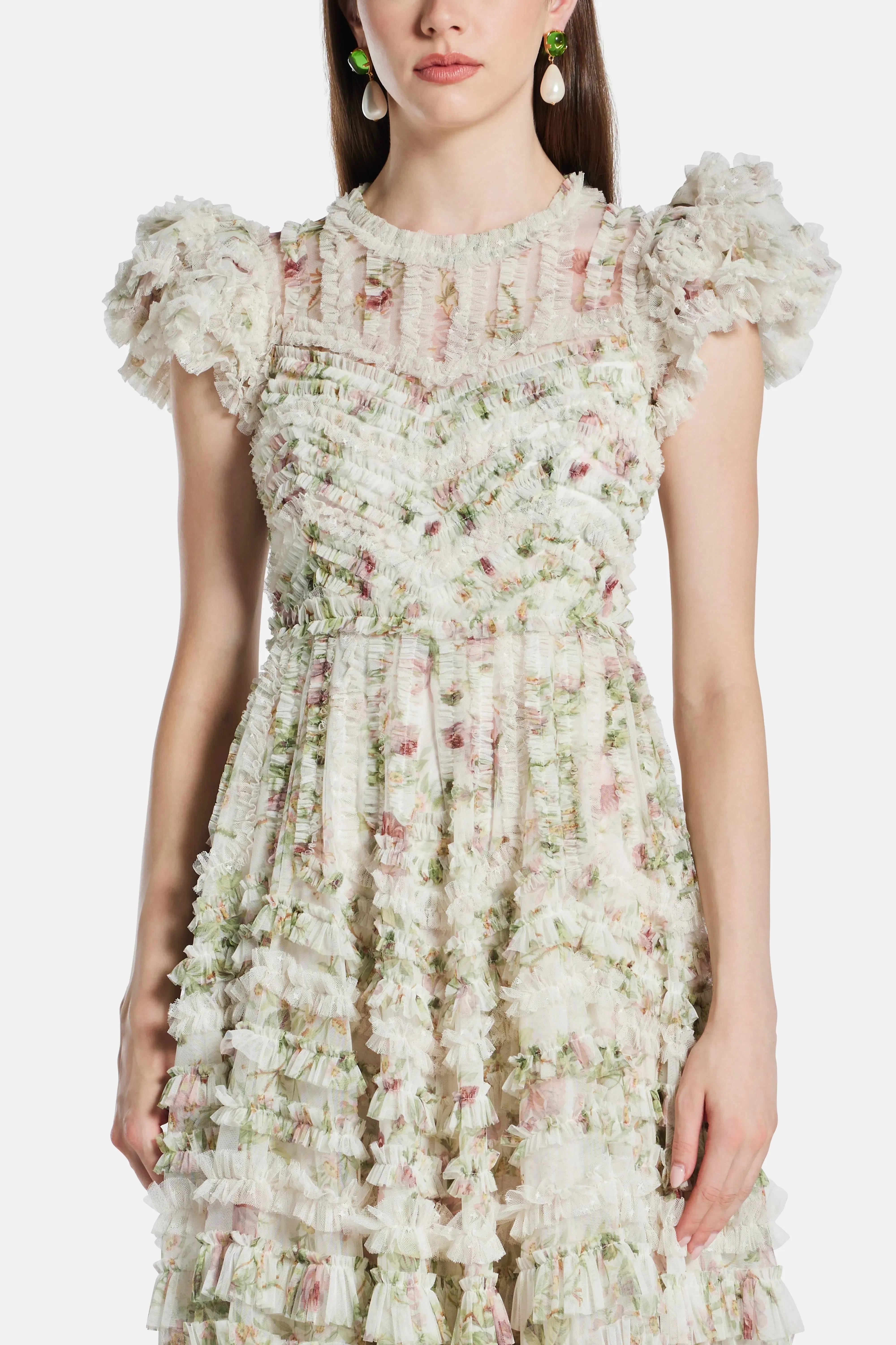 Needle & Thread Colettes La Vie En Rose Round Neck Short Sleeves Evening Dress in Cream