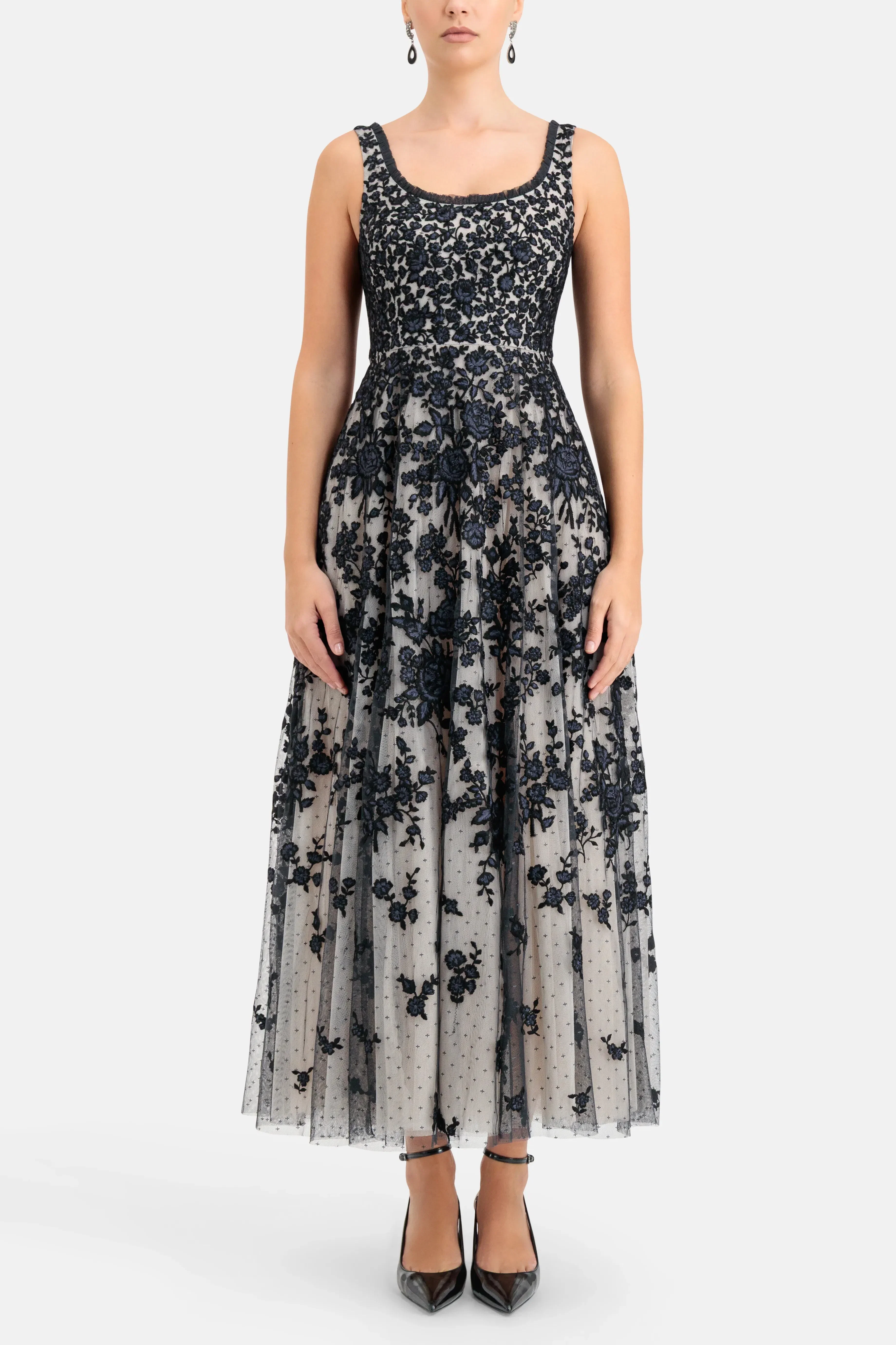 Needle & Thread Rosa Scoop Neck Floral Sleeveless Evening Dress in Black