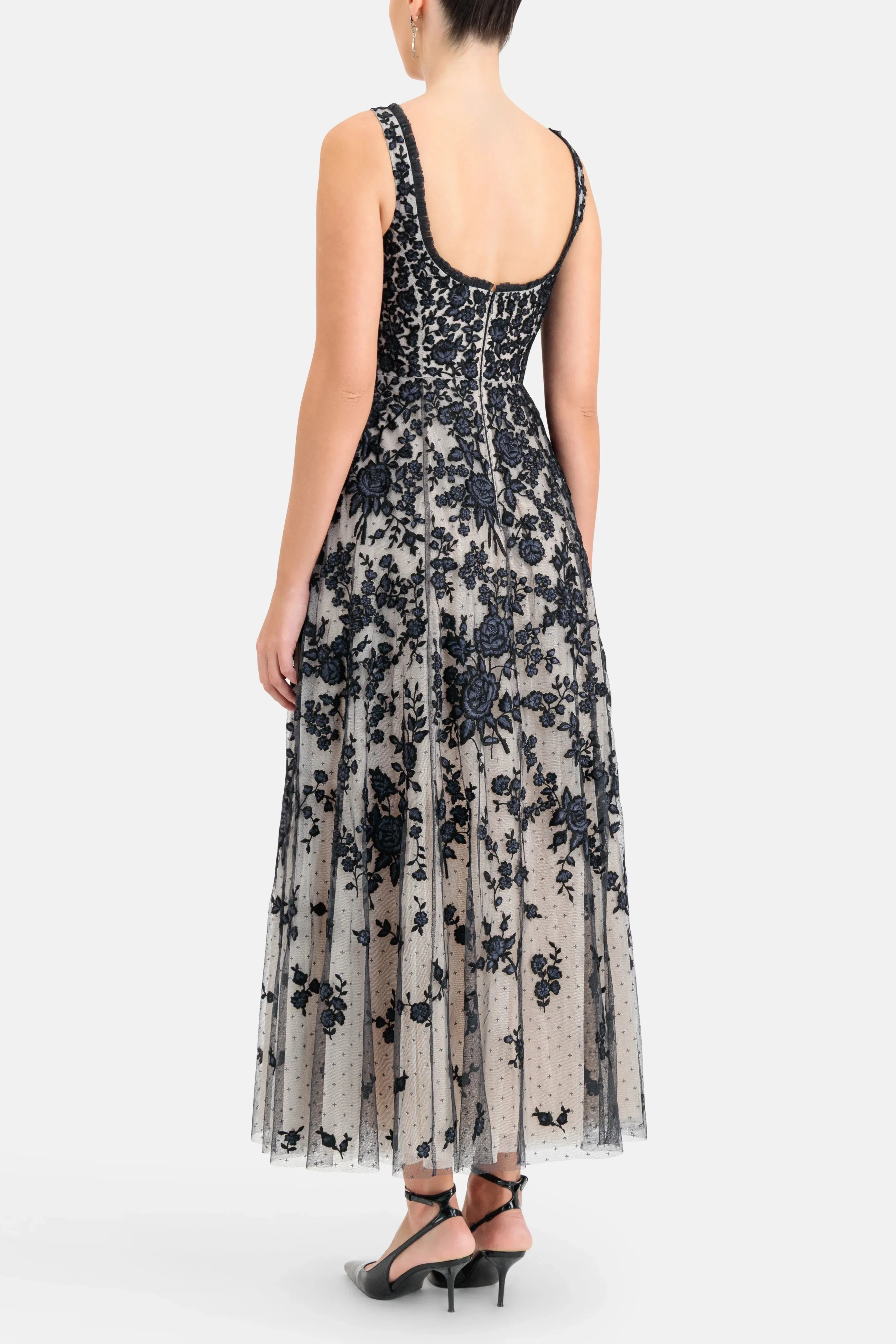 Needle & Thread Rosa Scoop Neck Floral Sleeveless Evening Dress in Black