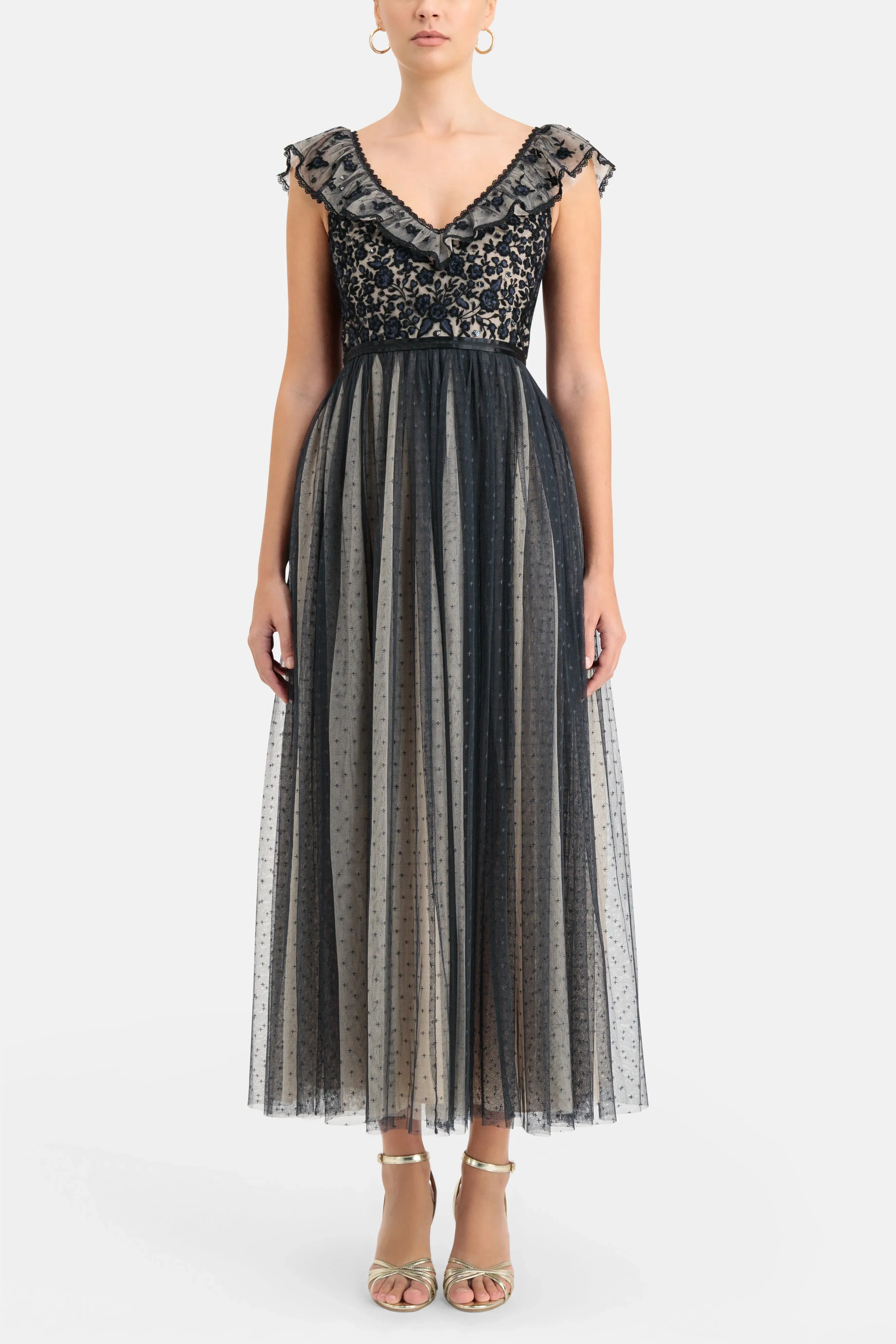 Needle & Thread Adeline Bodice V Neck Evening Dress in Black