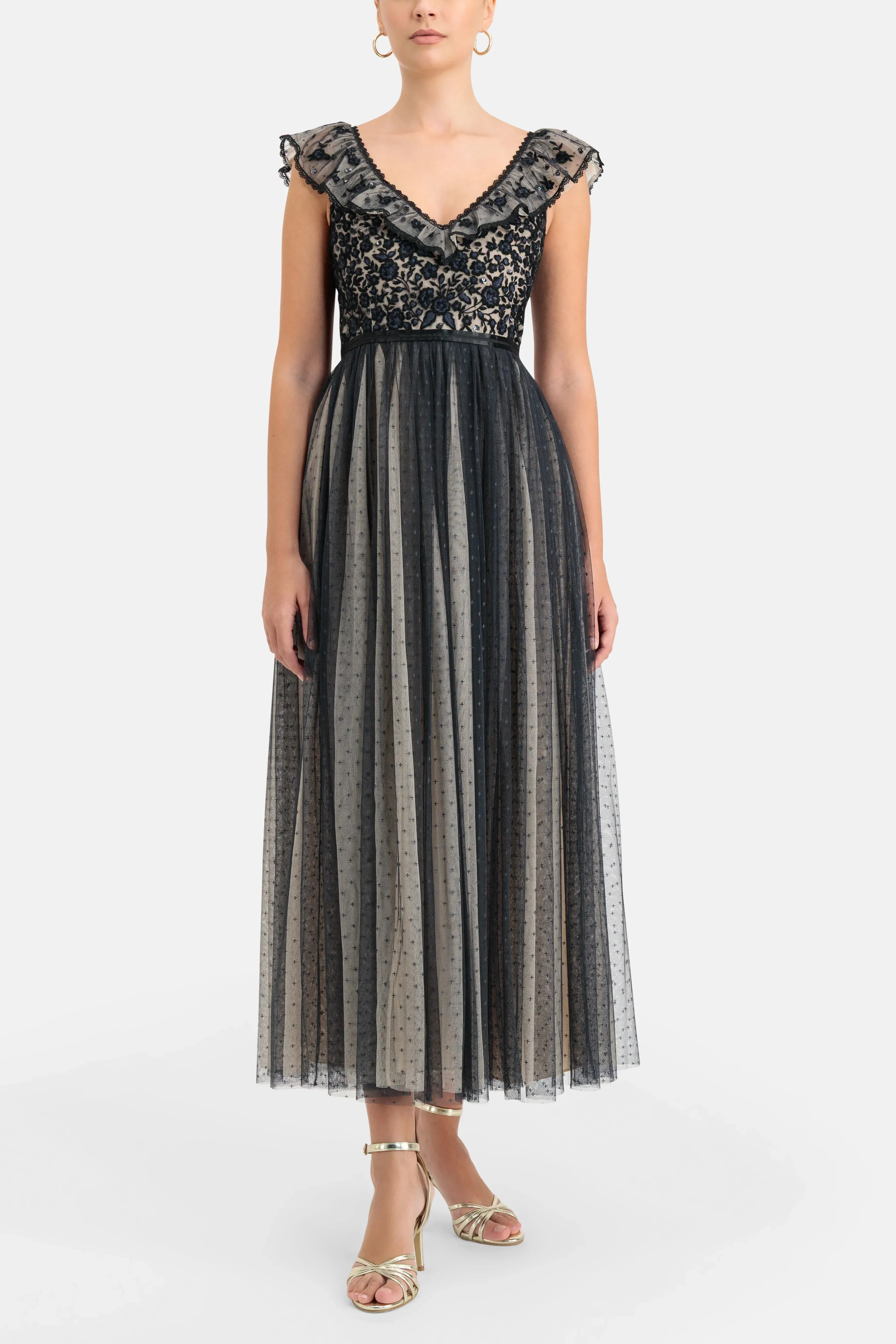 Needle & Thread Adeline Bodice V Neck Evening Dress in Black