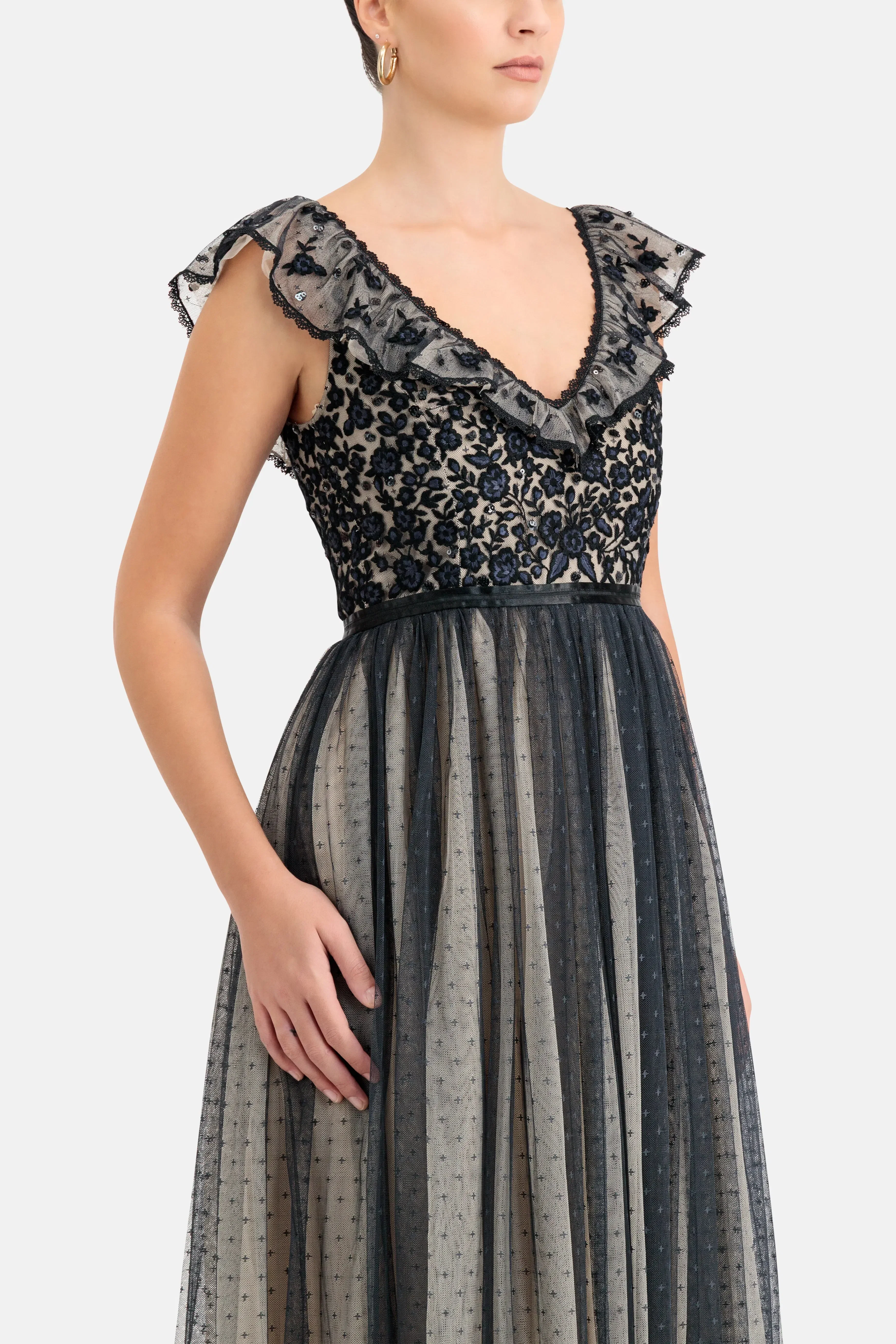 Needle & Thread Adeline Bodice V Neck Evening Dress in Black
