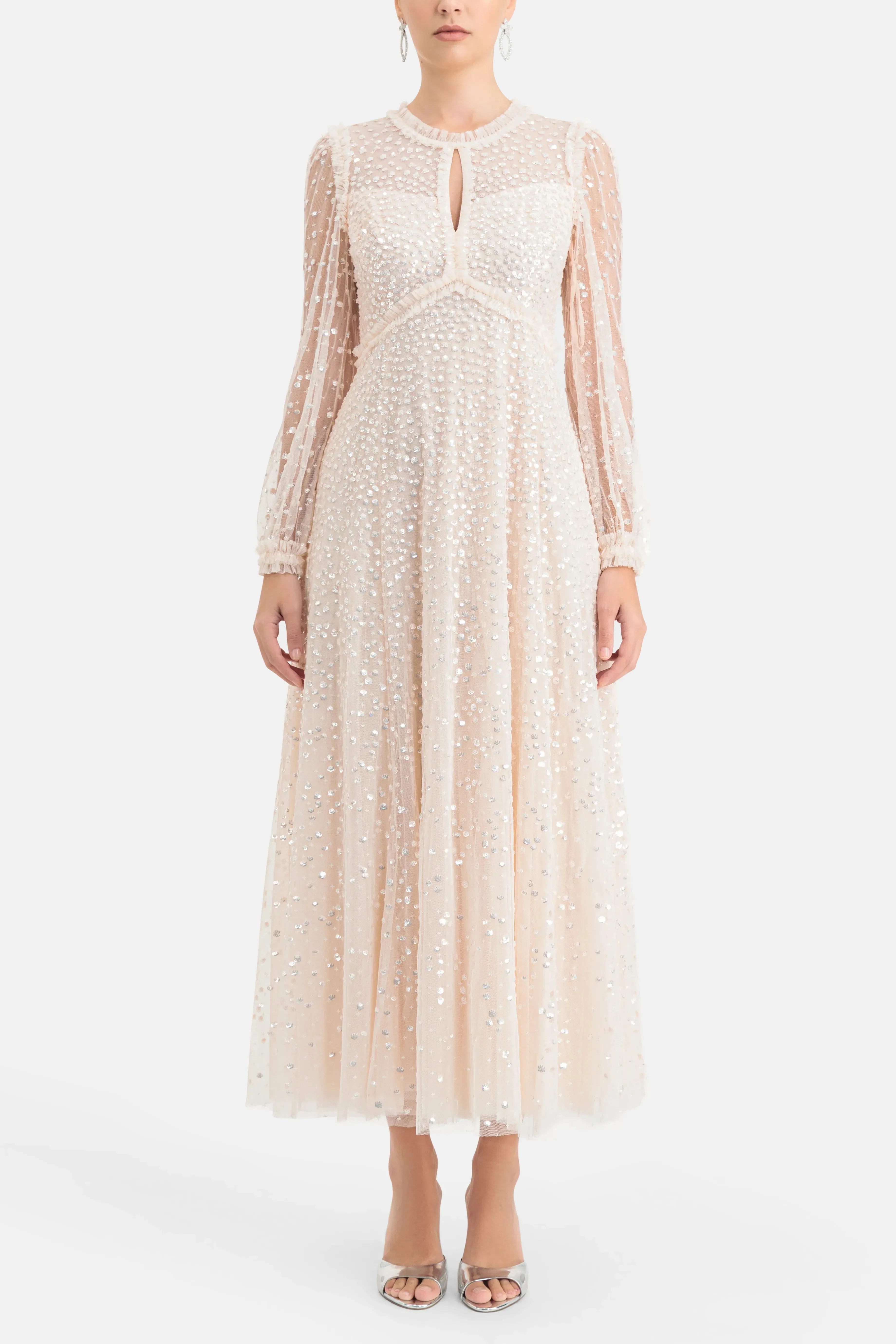 Needle & Thread Dappled Sequin Round Neck Long Sleeves Evening Dress in Cream