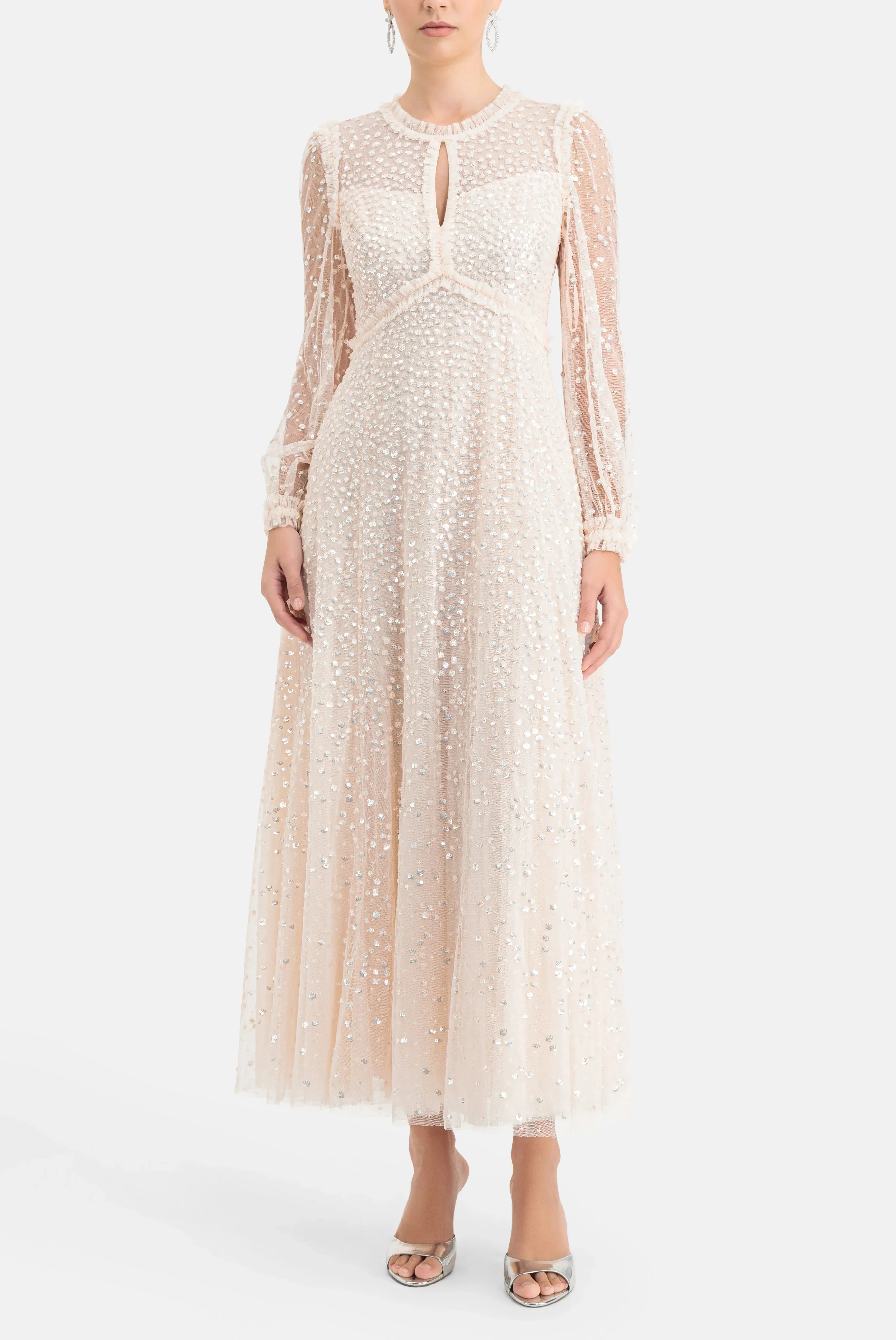 Needle & Thread Dappled Sequin Round Neck Long Sleeves Evening Dress in Cream