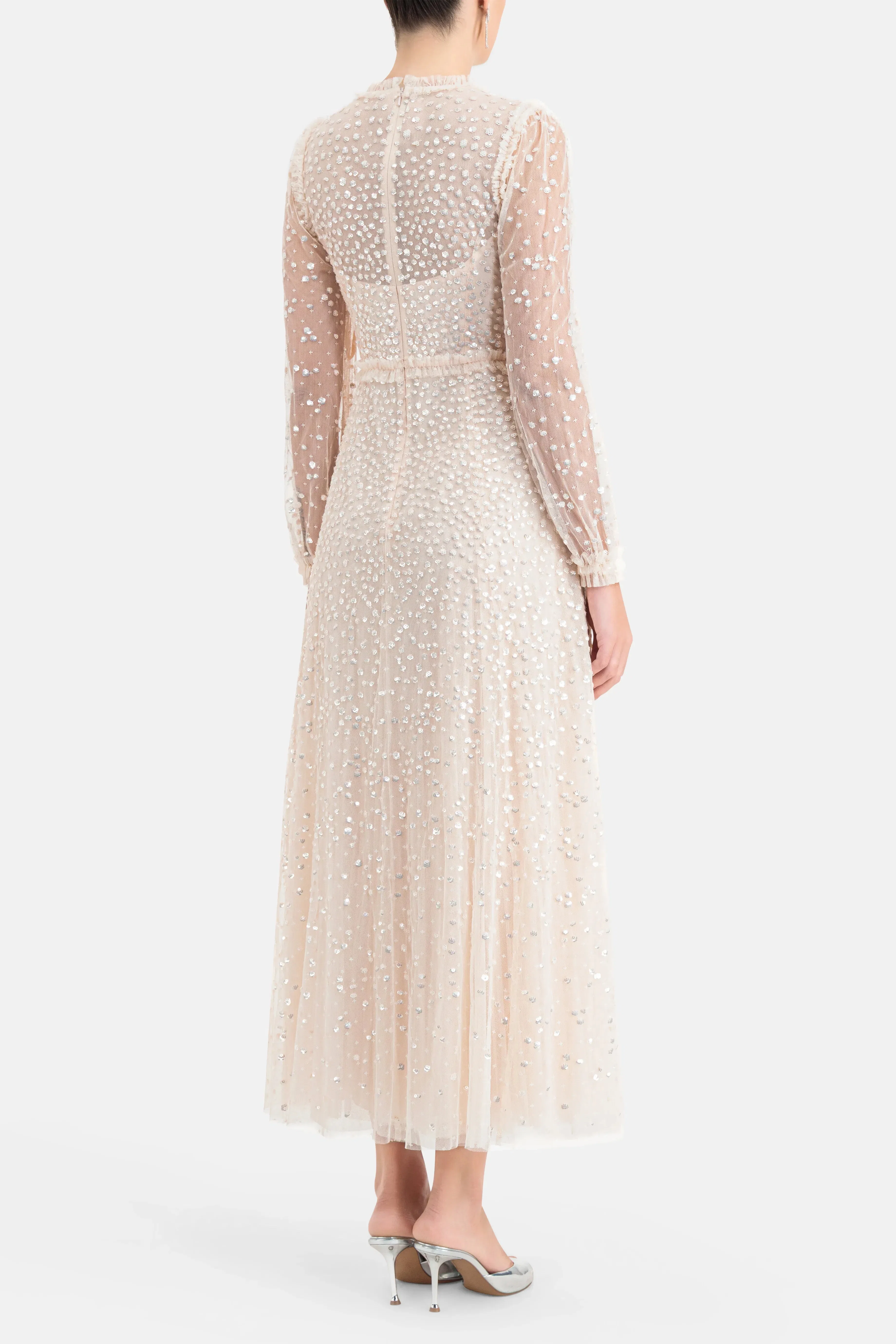 Needle & Thread Dappled Sequin Round Neck Long Sleeves Evening Dress in Cream