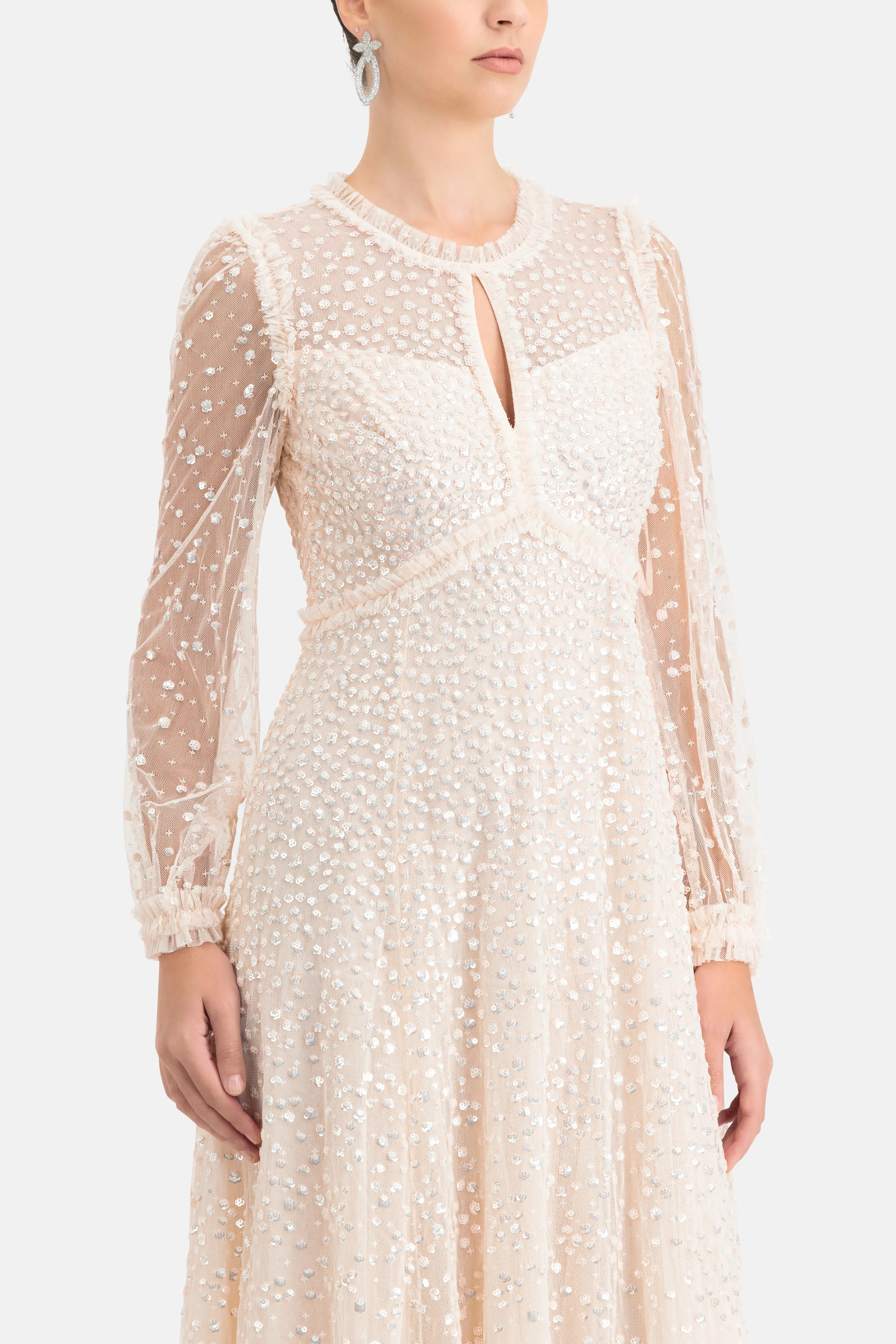 Needle & Thread Dappled Sequin Round Neck Long Sleeves Evening Dress in Cream