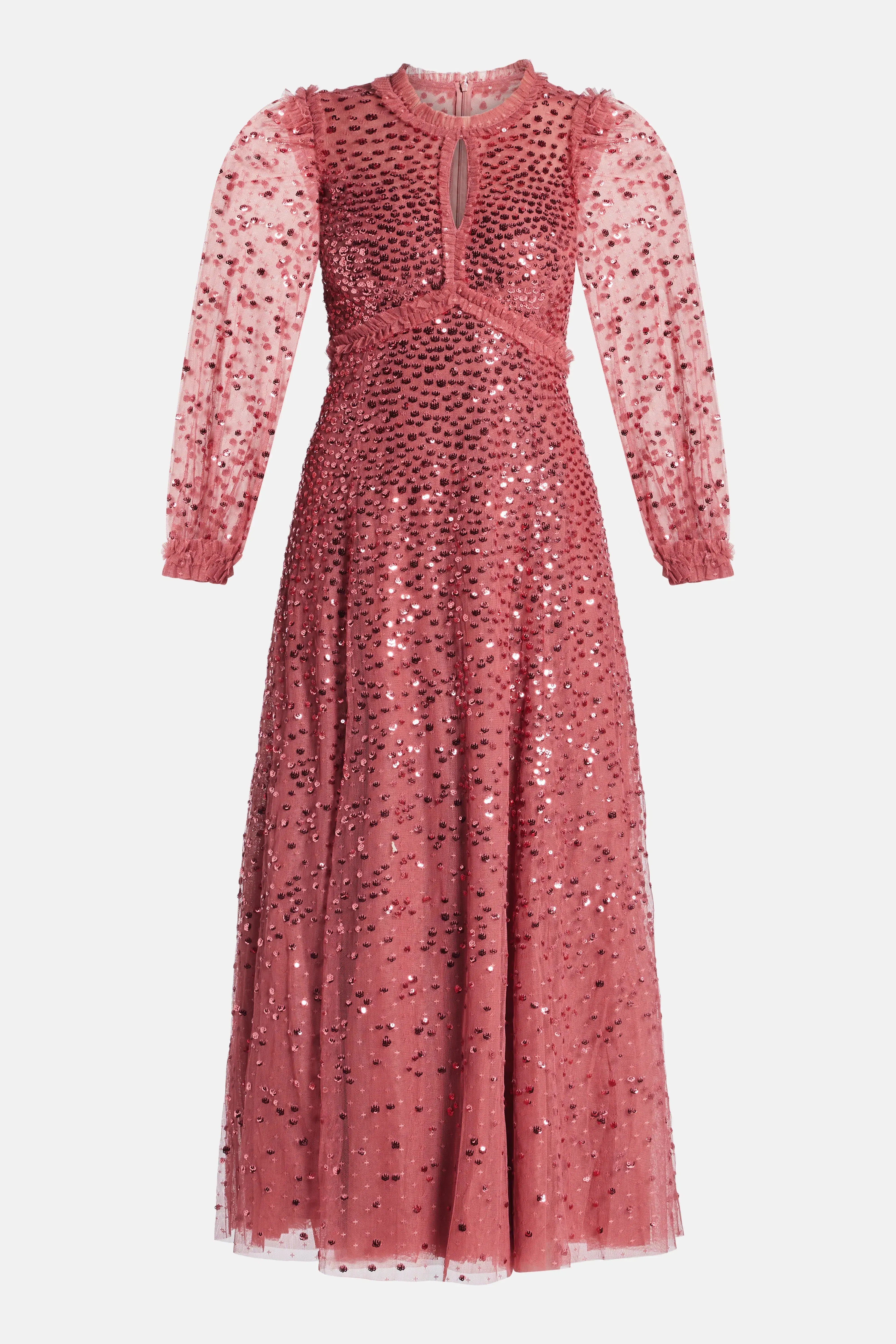 Needle & Thread Dappled Sequin Round Neck Long Sleeves Evening Dress in Maroon