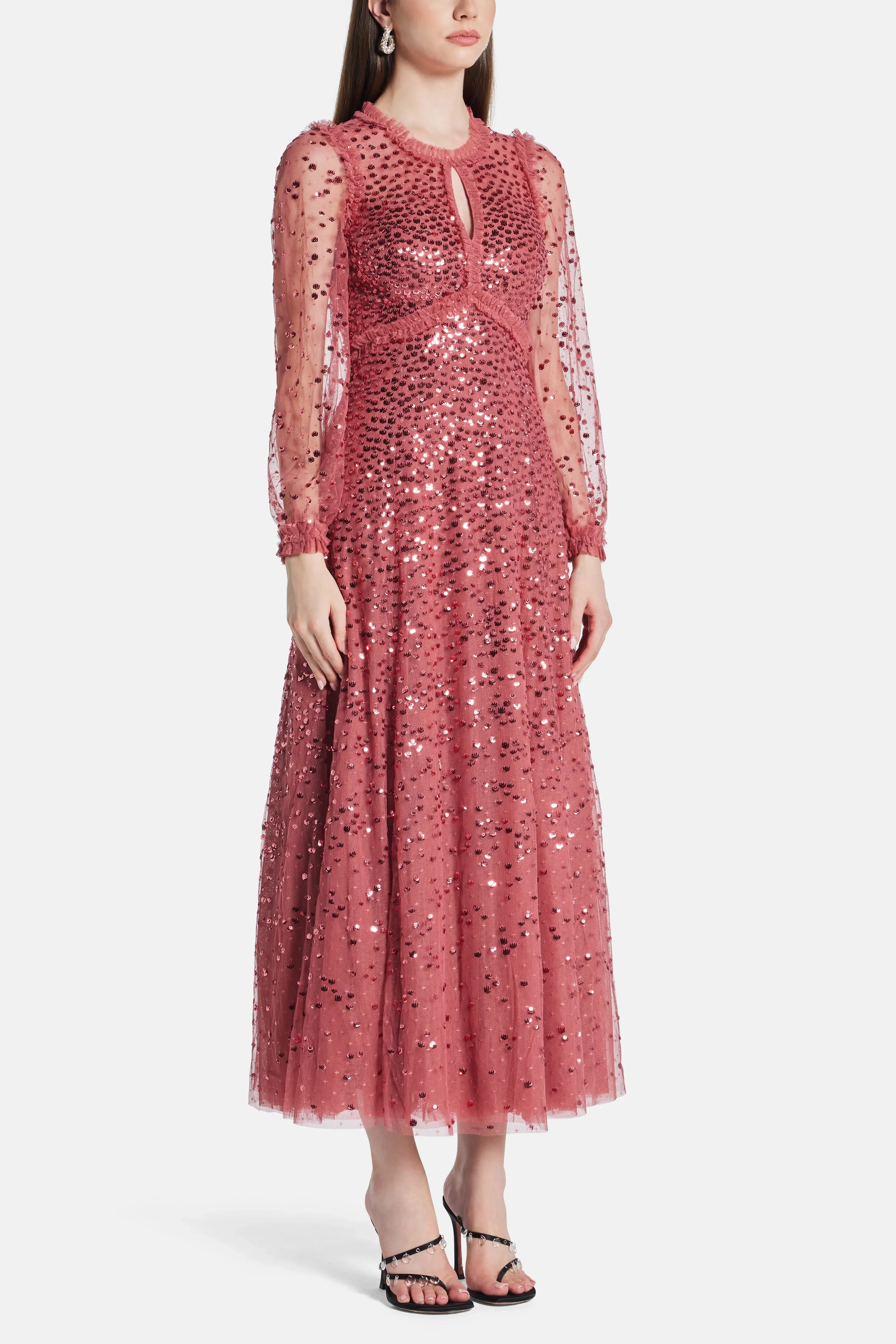 Needle & Thread Dappled Sequin Round Neck Long Sleeves Evening Dress in Maroon