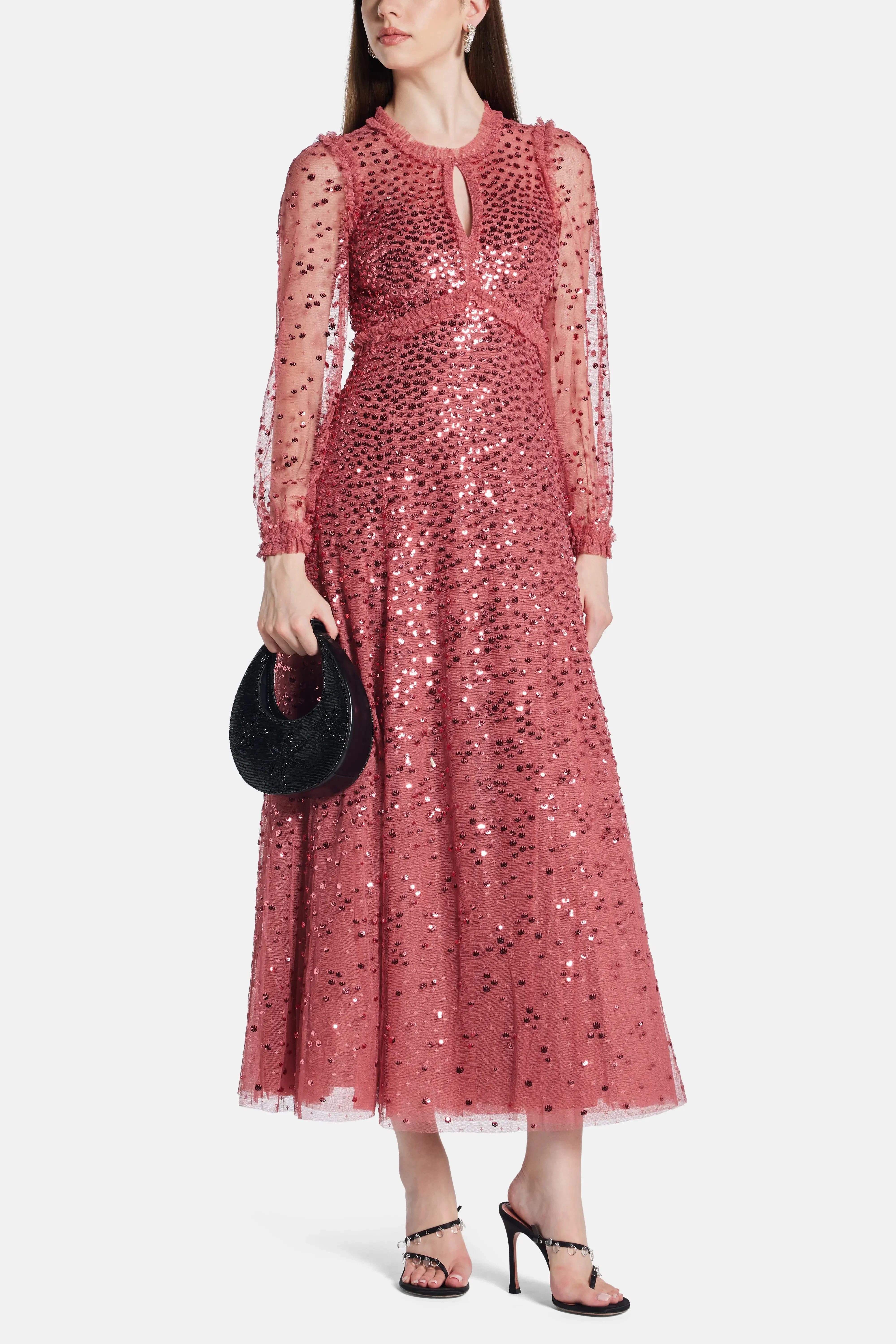 Needle & Thread Dappled Sequin Round Neck Long Sleeves Evening Dress in Maroon
