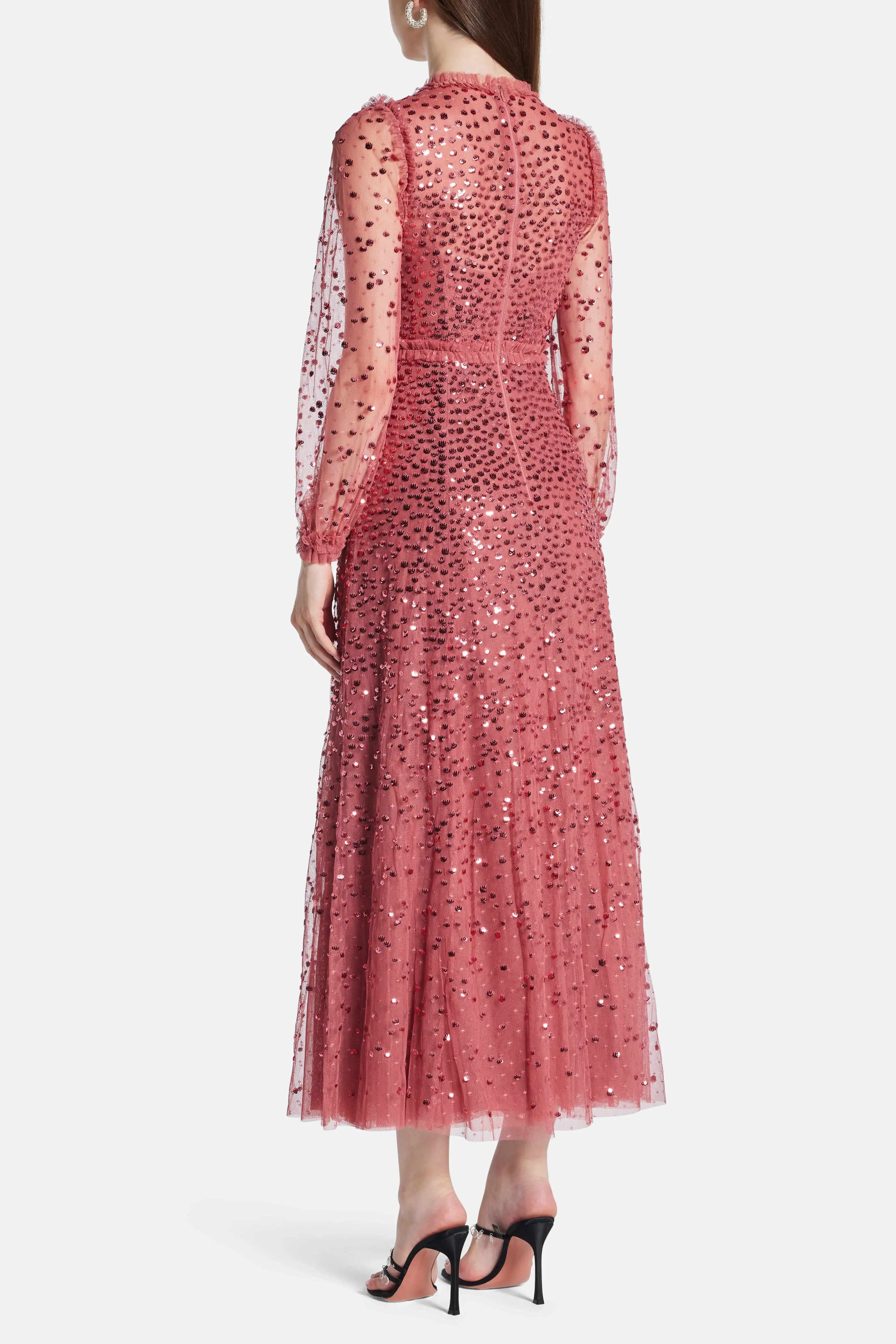 Needle & Thread Dappled Sequin Round Neck Long Sleeves Evening Dress in Maroon
