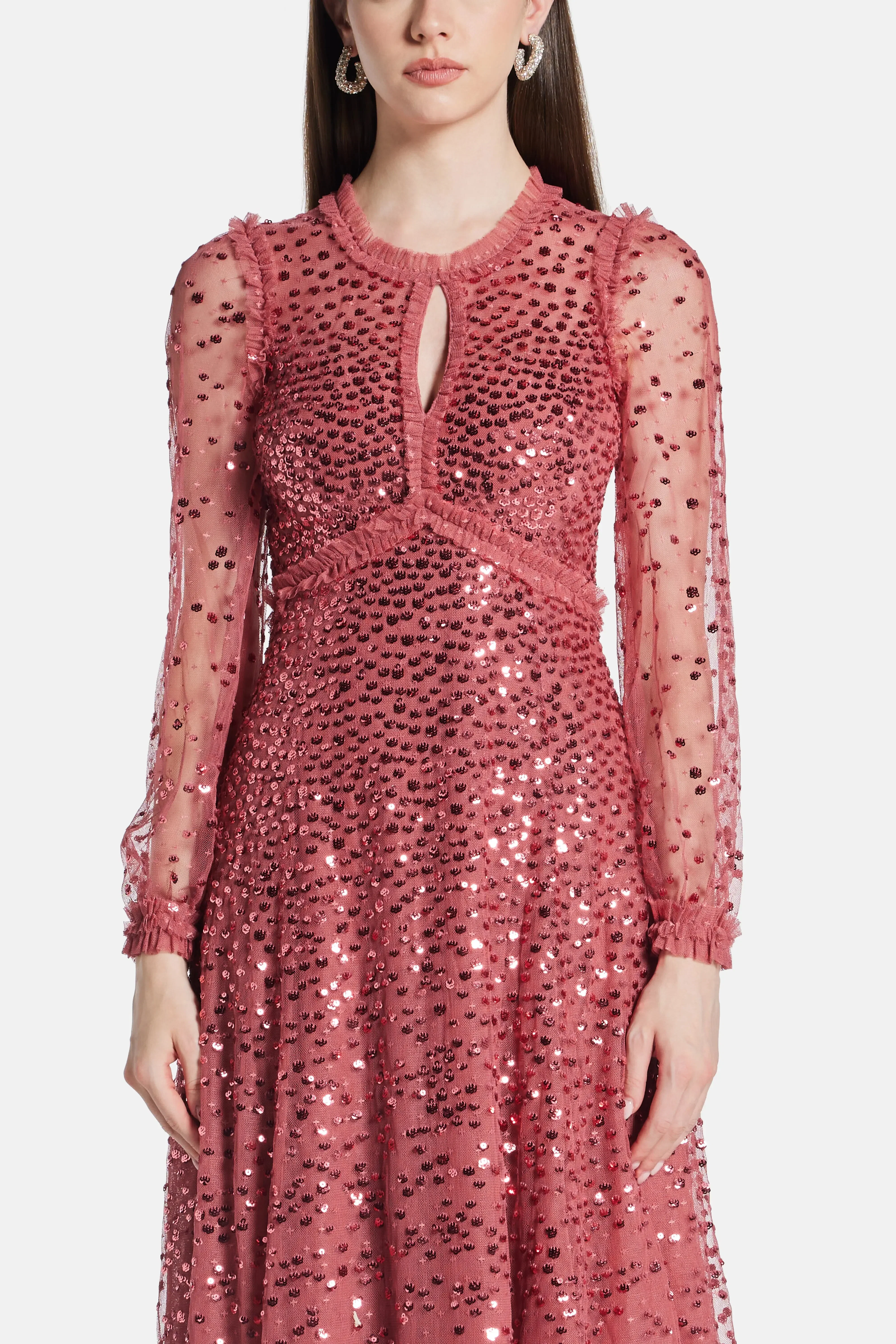 Needle & Thread Dappled Sequin Round Neck Long Sleeves Evening Dress in Maroon