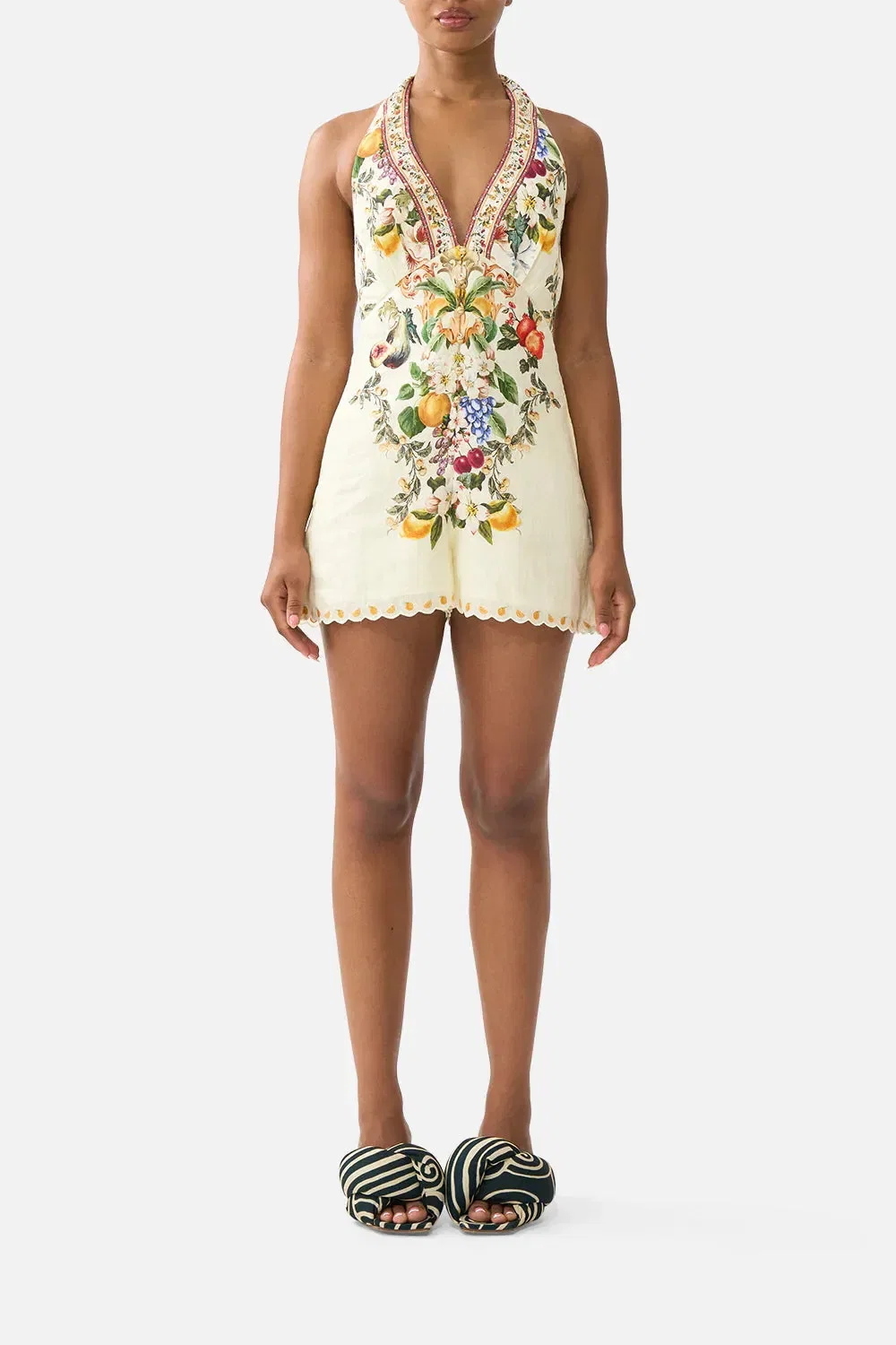 Camilla Va Va Vintage Floral Button Front Halter Neck Linen Jumpsuit in Yellow