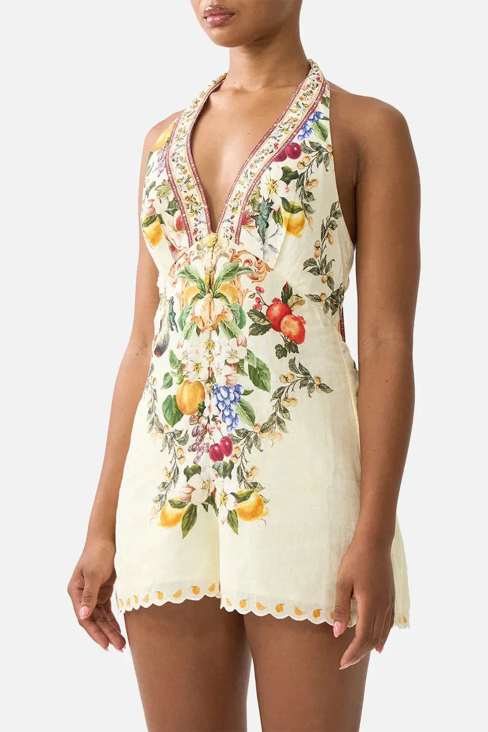 Camilla Va Va Vintage Floral Button Front Halter Neck Linen Jumpsuit in Yellow