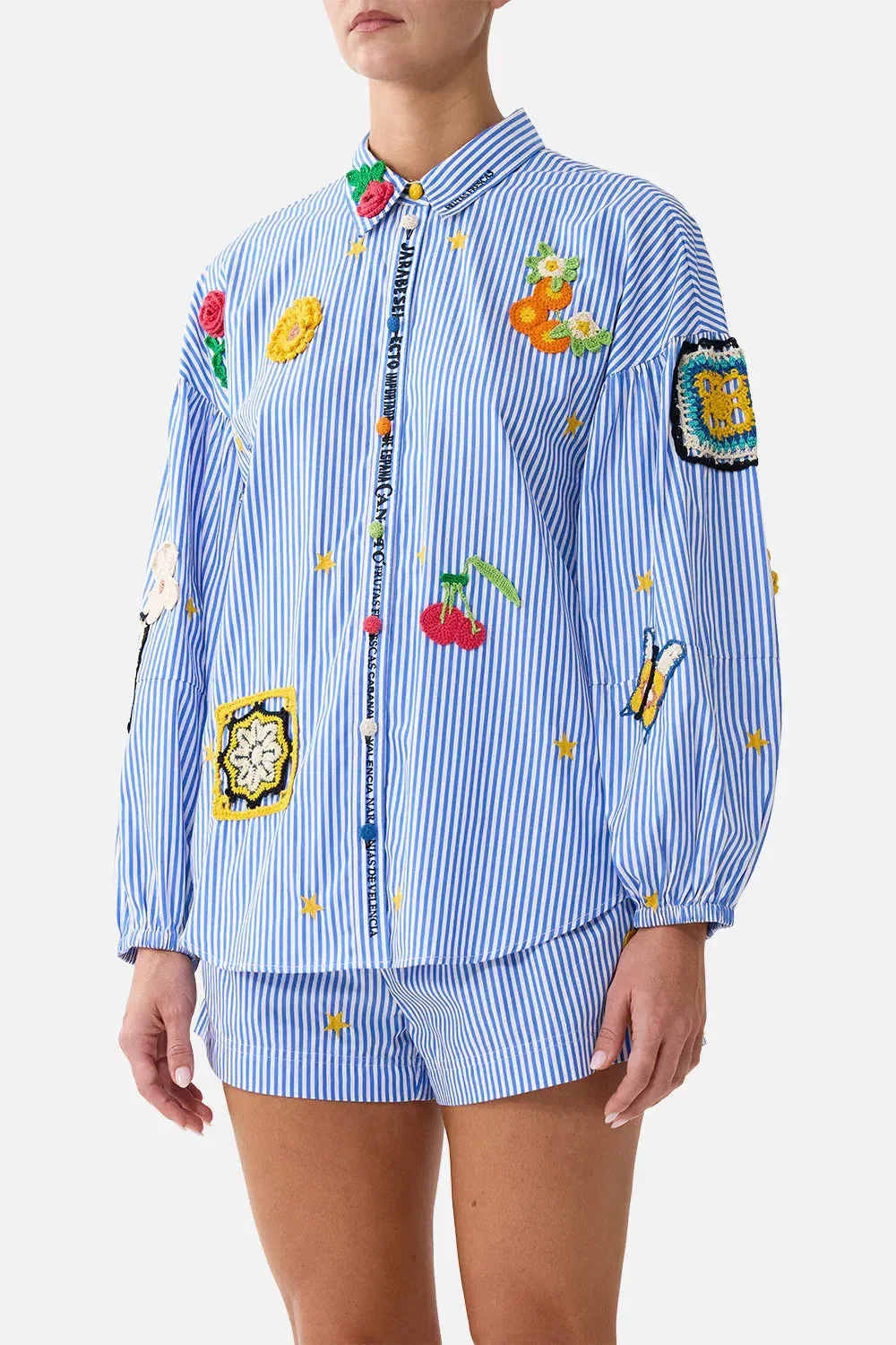 Camilla Magic of the Mercado Balloon Sleeves Cotton Shirt Blouse in Blue