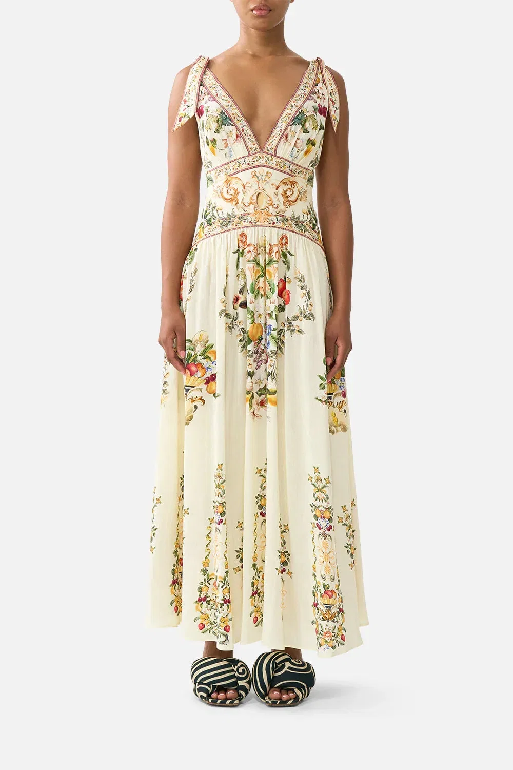 Camilla Va Va Vintage Floral Sleeveless Tie Shoulder Linen Maxi Dress in Yellow