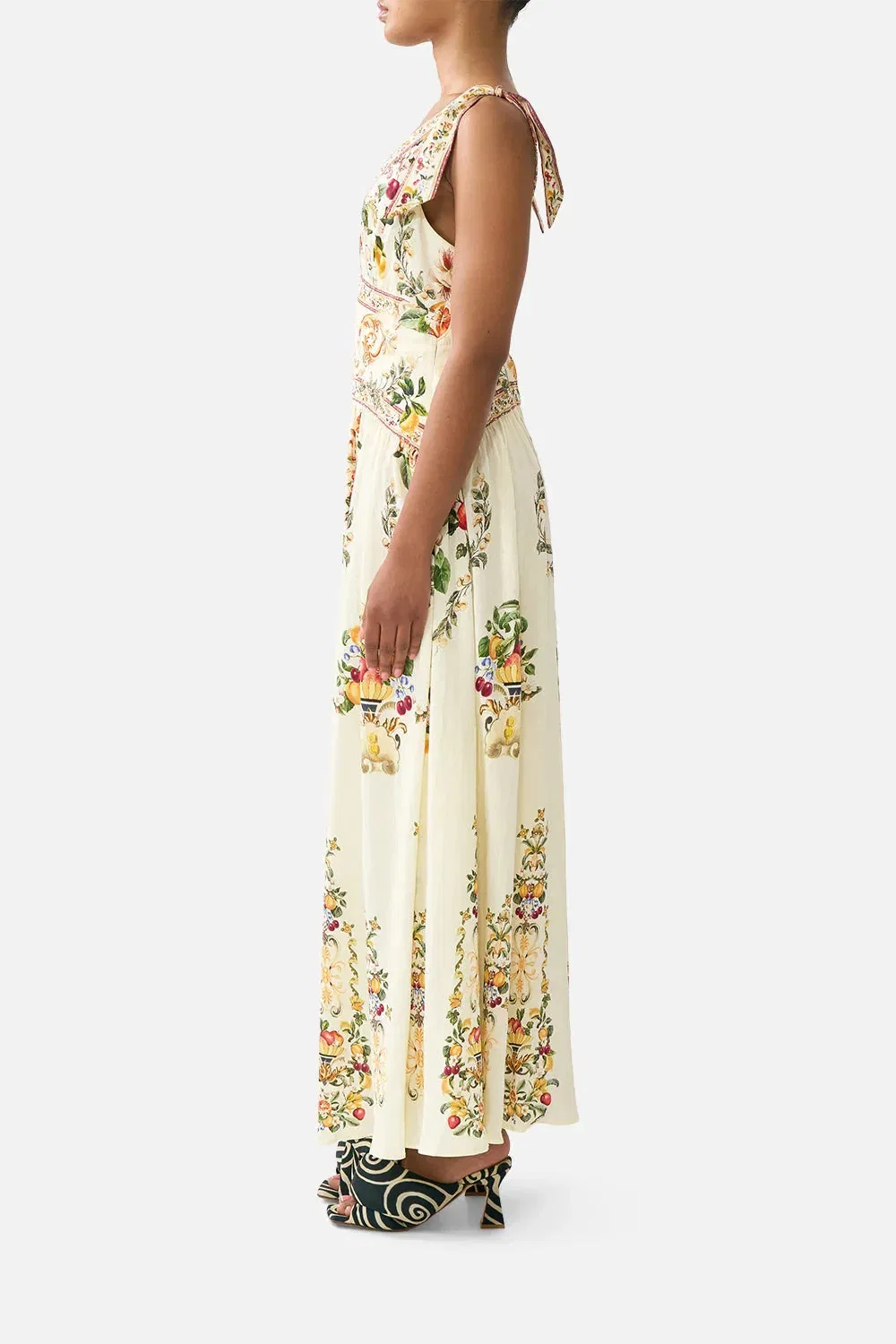 Camilla Va Va Vintage Floral Sleeveless Tie Shoulder Linen Maxi Dress in Yellow