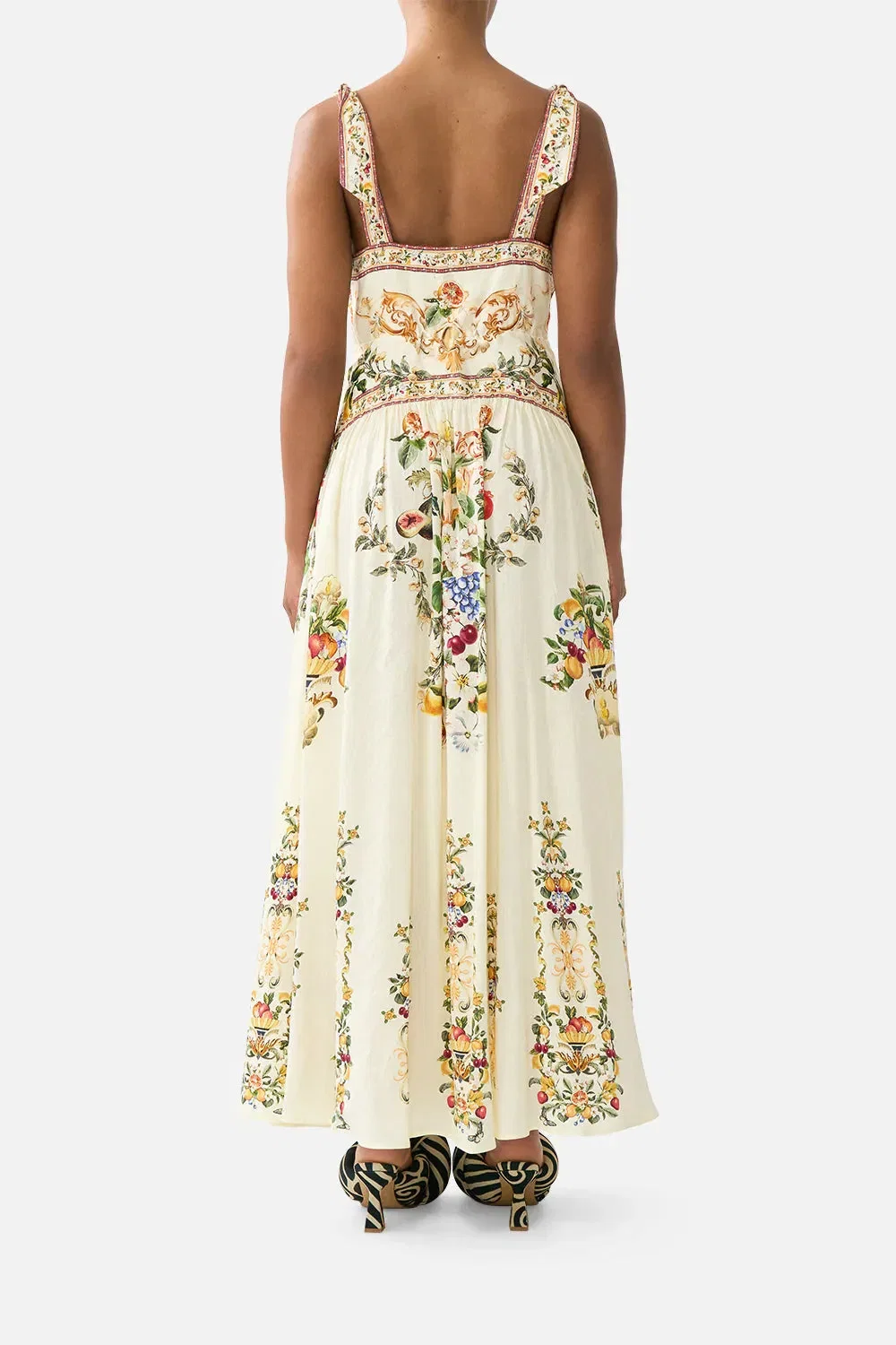 Camilla Va Va Vintage Floral Sleeveless Tie Shoulder Linen Maxi Dress in Yellow